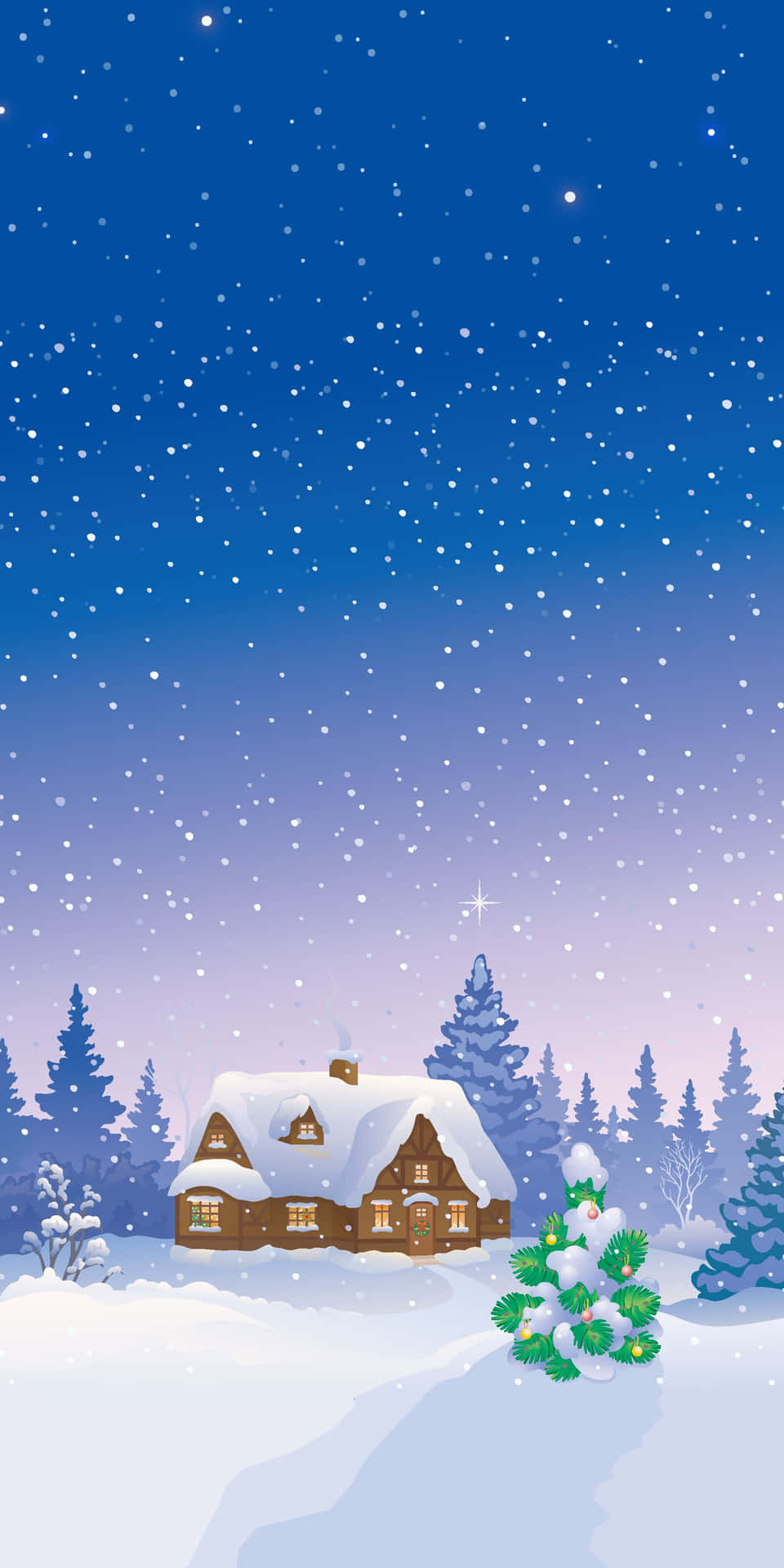 舒適的小屋在雪覆蓋的森林中，在星光燦爛的夜空下，飄著雪花。