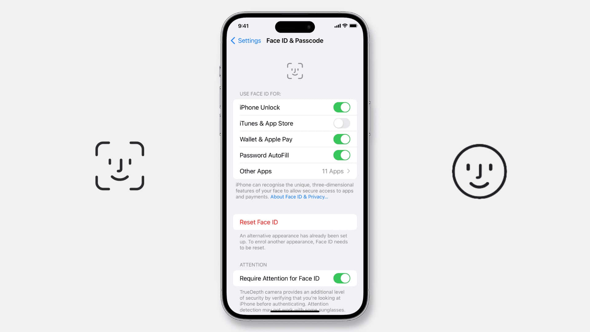 Face Id 桌布 壁紙 — iPhone 螢幕顯示 Face ID 設定，附有解鎖和付款的切換開關，背景為簡約白色。