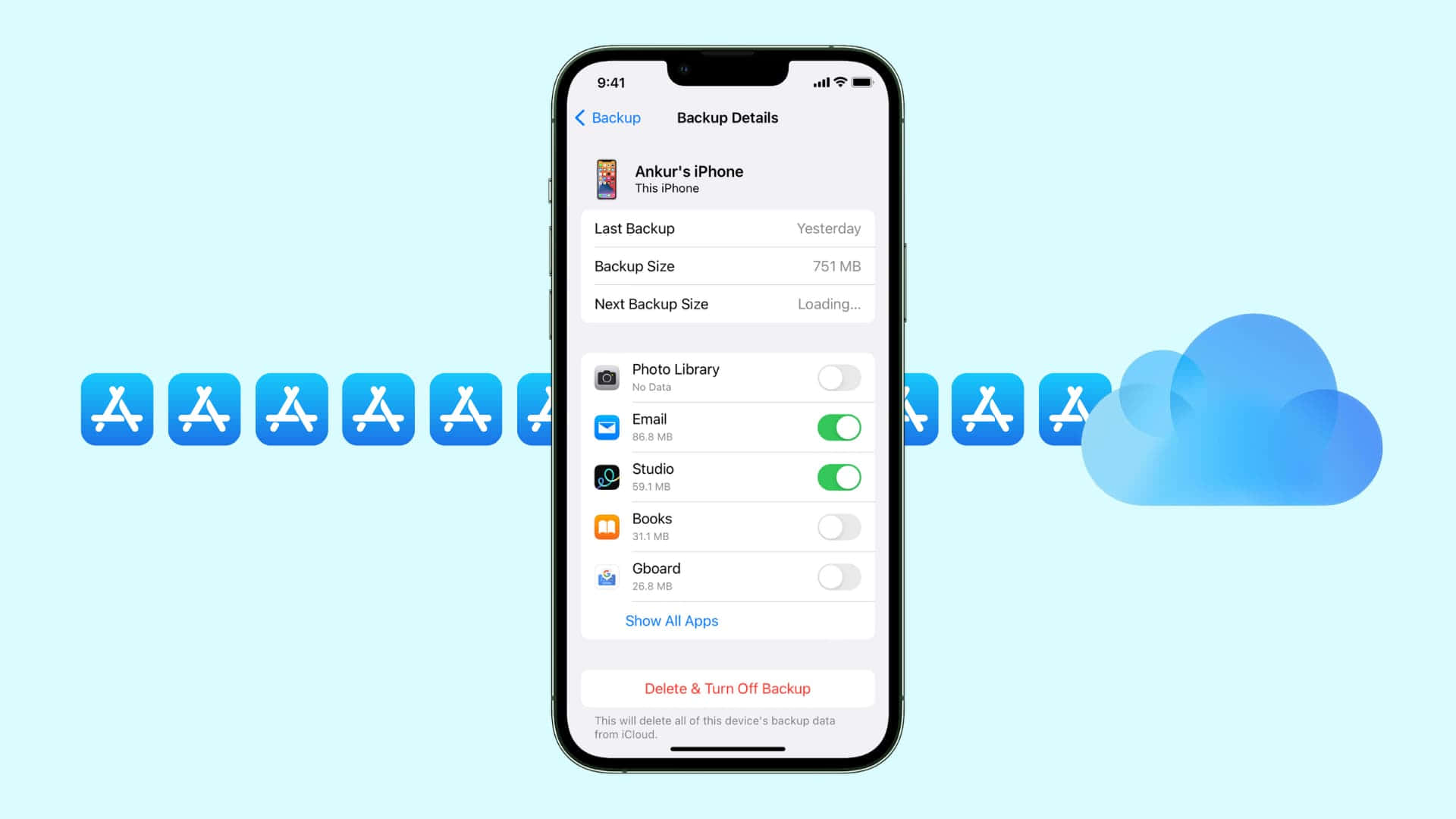 Data Backup 桌布 壁紙 — iPhone 螢幕顯示 iCloud 備份設定，包含應用程式開關，背景為淺藍色並帶有雲端圖示。