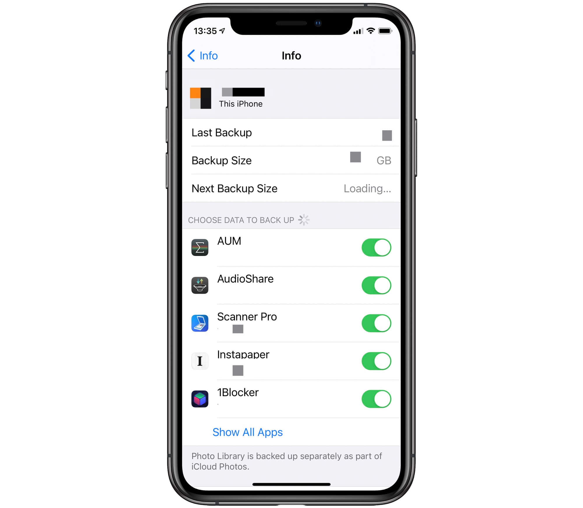 Data Backup 桌布 壁紙 — iPhone 螢幕顯示備份設定，包含 AUM AudioShare Scanner Pro Instapaper 和 1Blocker 的應用程式切換開關。
