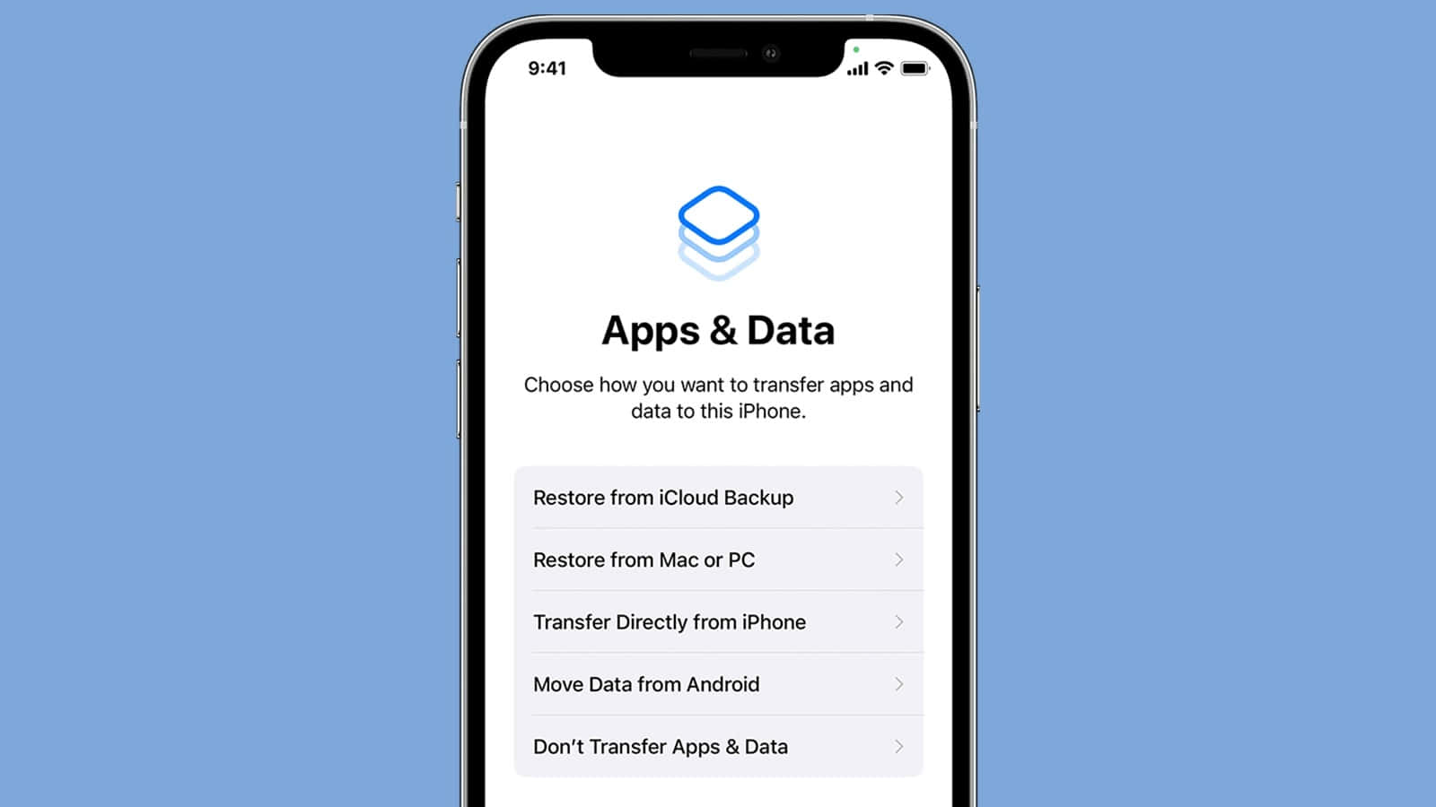 Data Backup 桌布 壁紙 — iPhone 螢幕顯示應用程式與資料傳輸選項，背景為純藍色。