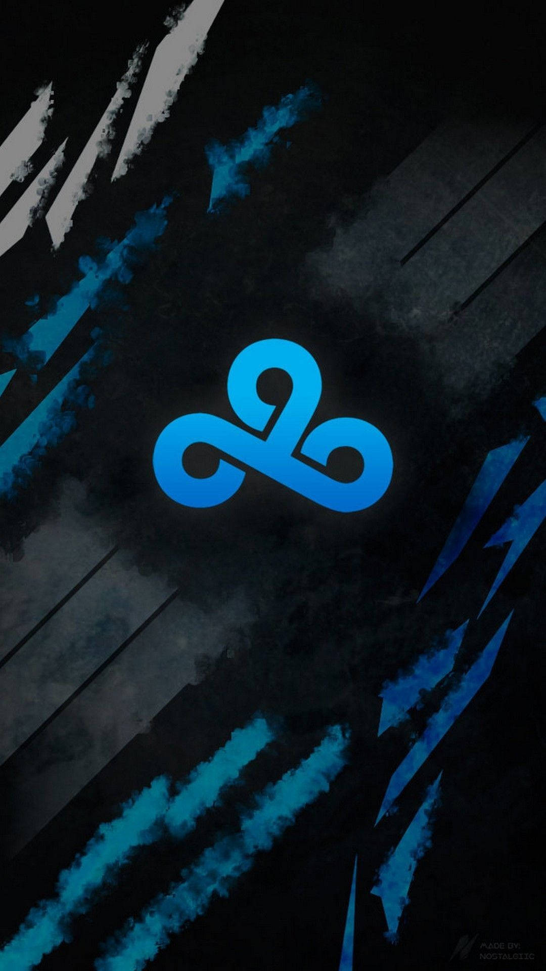 iPhone 遊戲 Cloud9 公司標誌 壁紙 — 一個發光的藍色三曲腿圖標誌，置於帶有電光藍和白色條紋的深色抽象背景中央。