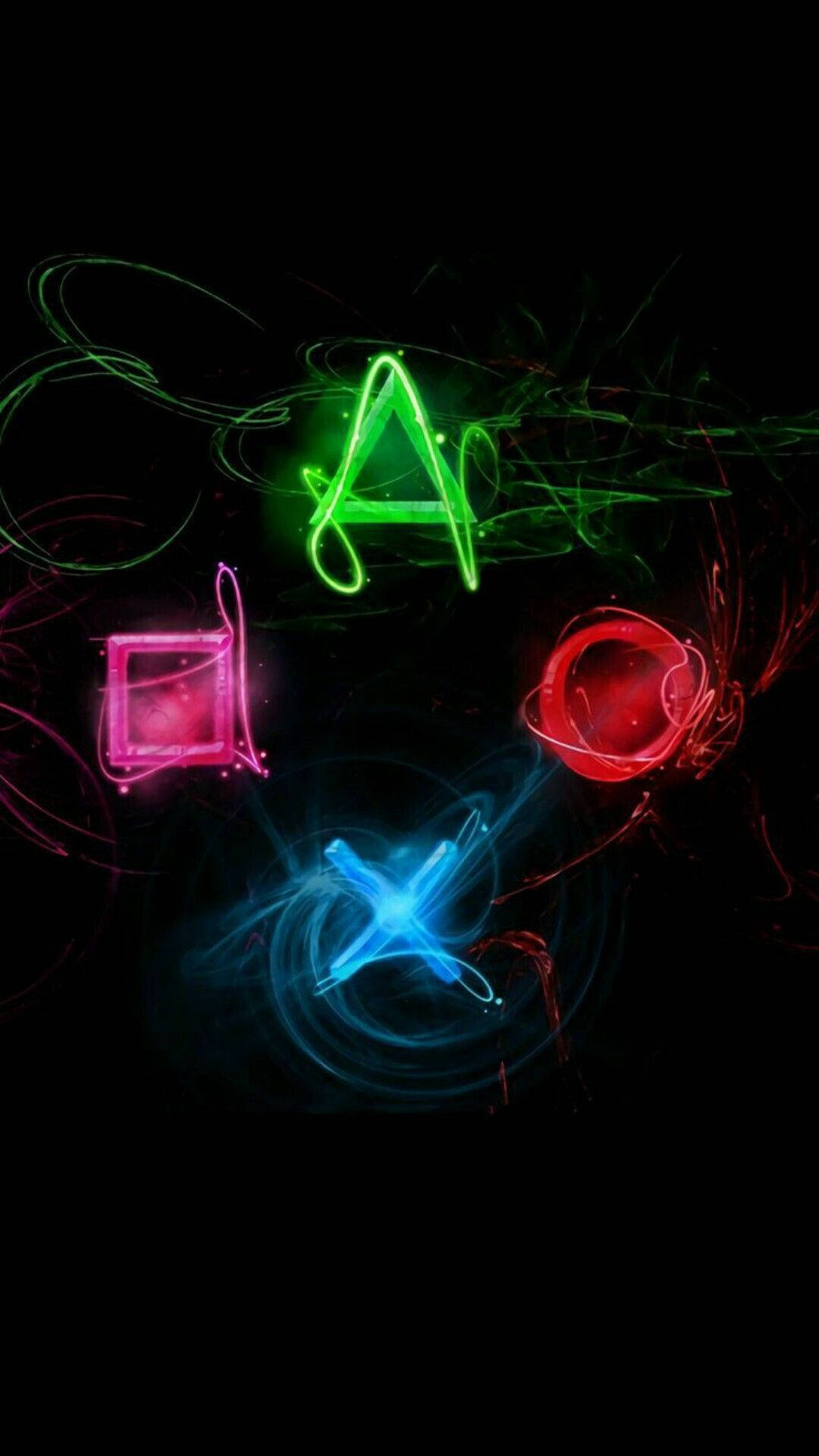 iPhone 遊戲 PS4 控制器彩色按鈕 壁紙 — 充滿活力的霓虹 PlayStation 控制器符號在黑暗旋轉的背景上發光，帶有電能軌跡。