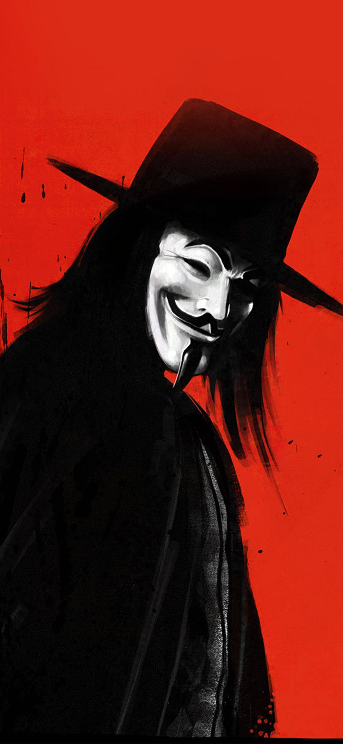iPhone 遊戲：V for Vendetta 壁紙 — 一個戴黑色高帽和斗篷的風格化蒙面人物，站在帶有戲劇性筆觸的鮮紅色背景前。