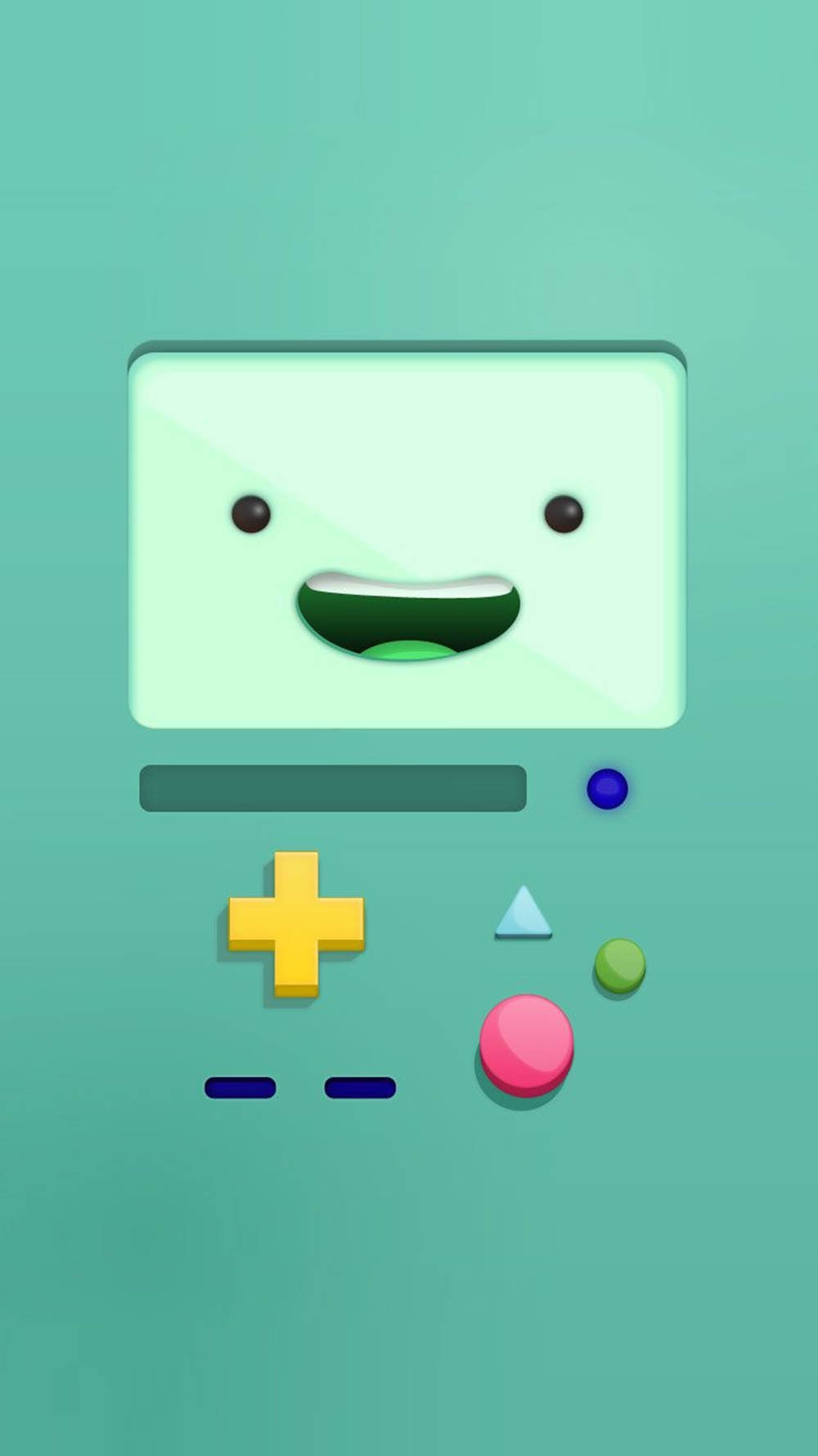 iPhone 遊戲《冒險時光》BMO 壁紙 — 一個歡樂的卡通遊戲機，帶有笑臉和彩色按鈕，背景為青綠色。