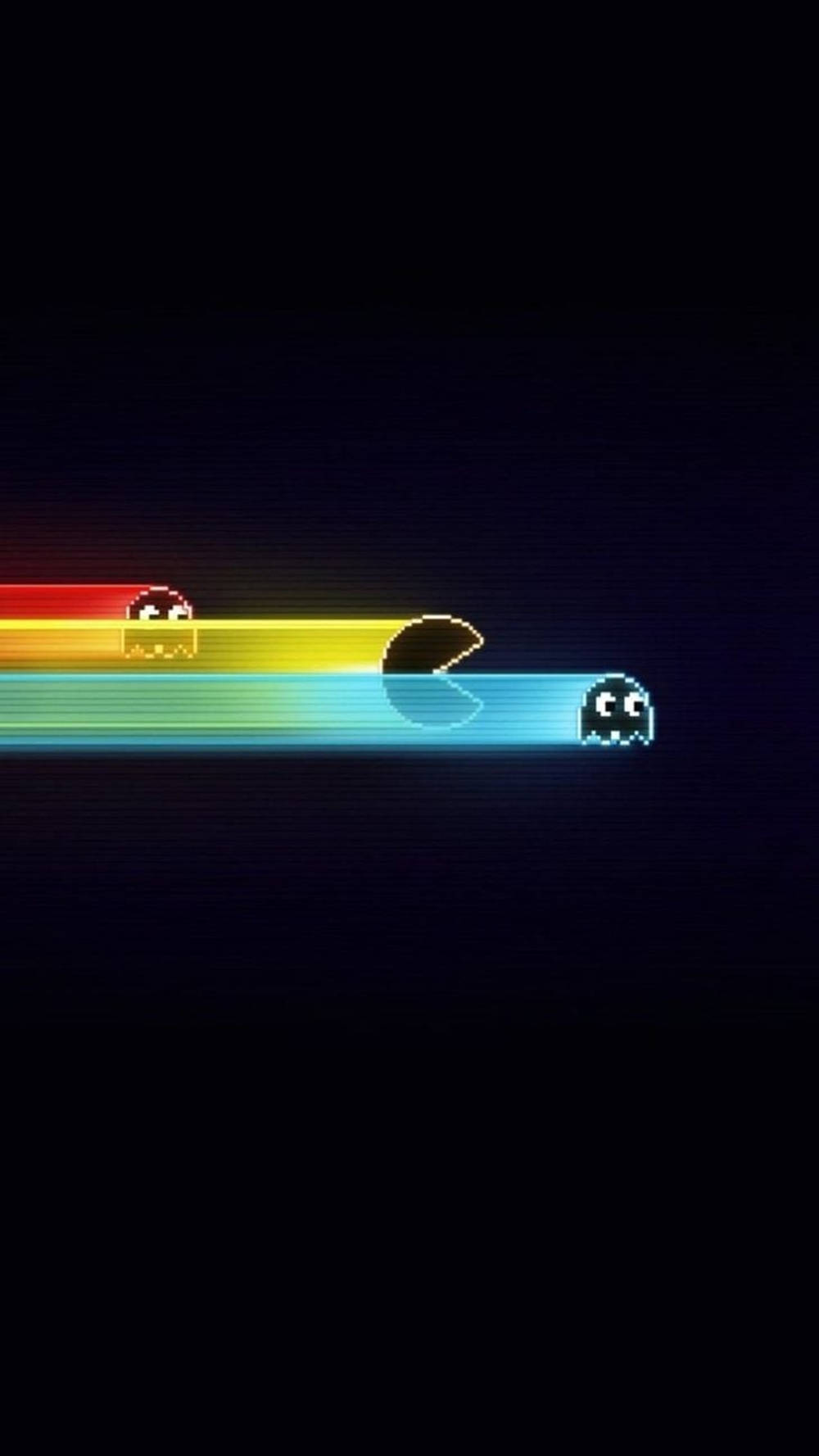 iPhone 遊戲《吃豆人》 壁紙 — 像素化的 Pacman 和鬼魂在黑暗的屏幕上滑行，留下發光的彩虹軌跡，呈現復古街機風格。
