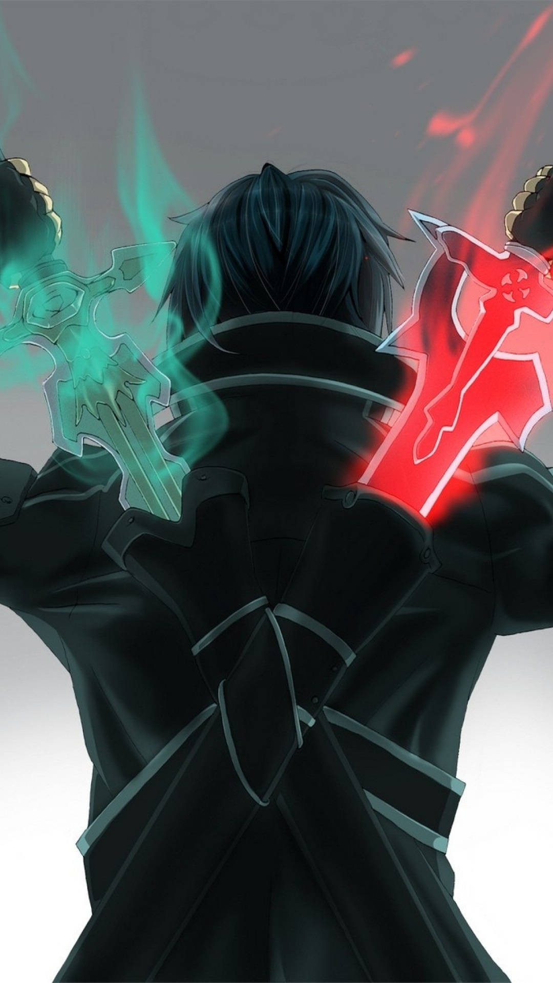 iPhone 高畫質 Kirito《刀劍神域》 壁紙 — 從背後看到的深色頭髮動漫角色，以戲劇性的姿勢揮舞著發光的綠色和紅色劍。