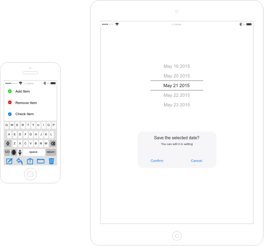 白色iPhone與iPad應用程式截圖 壁紙 — 一部智能手機和平板電腦顯示日期選擇器界面，選中2015年5月21日，並出現一個確認對話框詢問是否保存該日期。