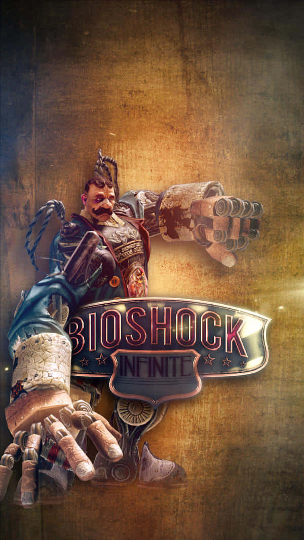 Bioshock Infinite遊戲海報， featuring 一個擁有機械手臂和鬍鬚的男人。