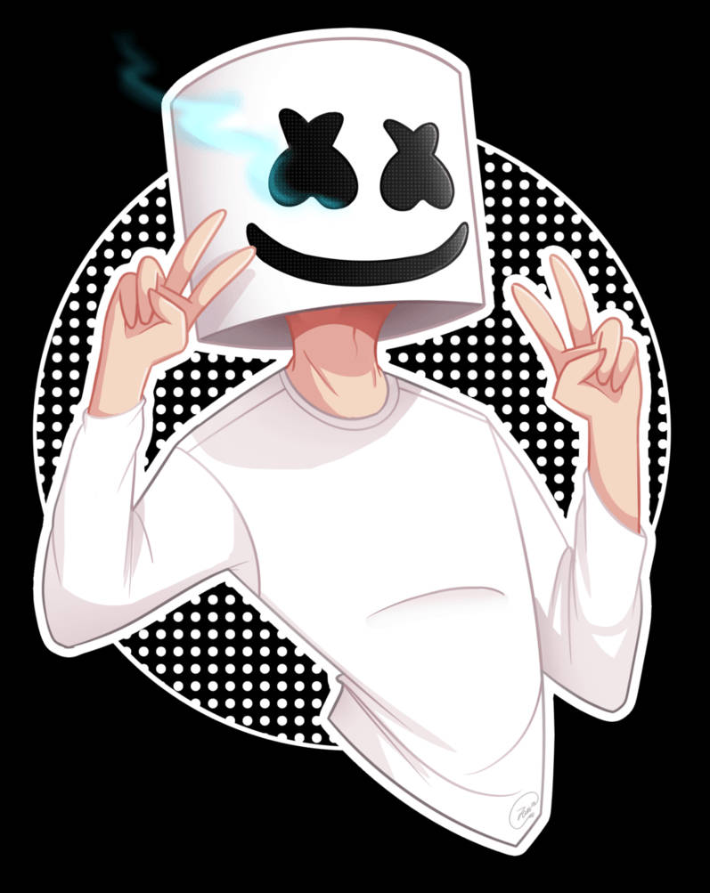 iPhone上的DJ Marshmello演出藝術圖像 壁紙 — 一個風格化的動漫角色，戴著白色棉花糖頭盔，眼睛發光，比出和平手勢，背景是黑白圓點。