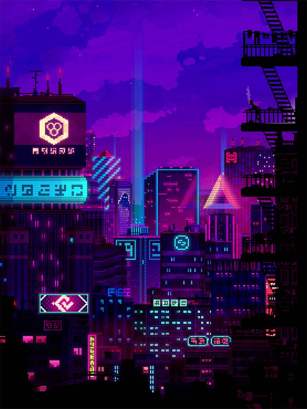 紫色夜空下，像素藝術城市天際線閃爍著霓虹燈光。