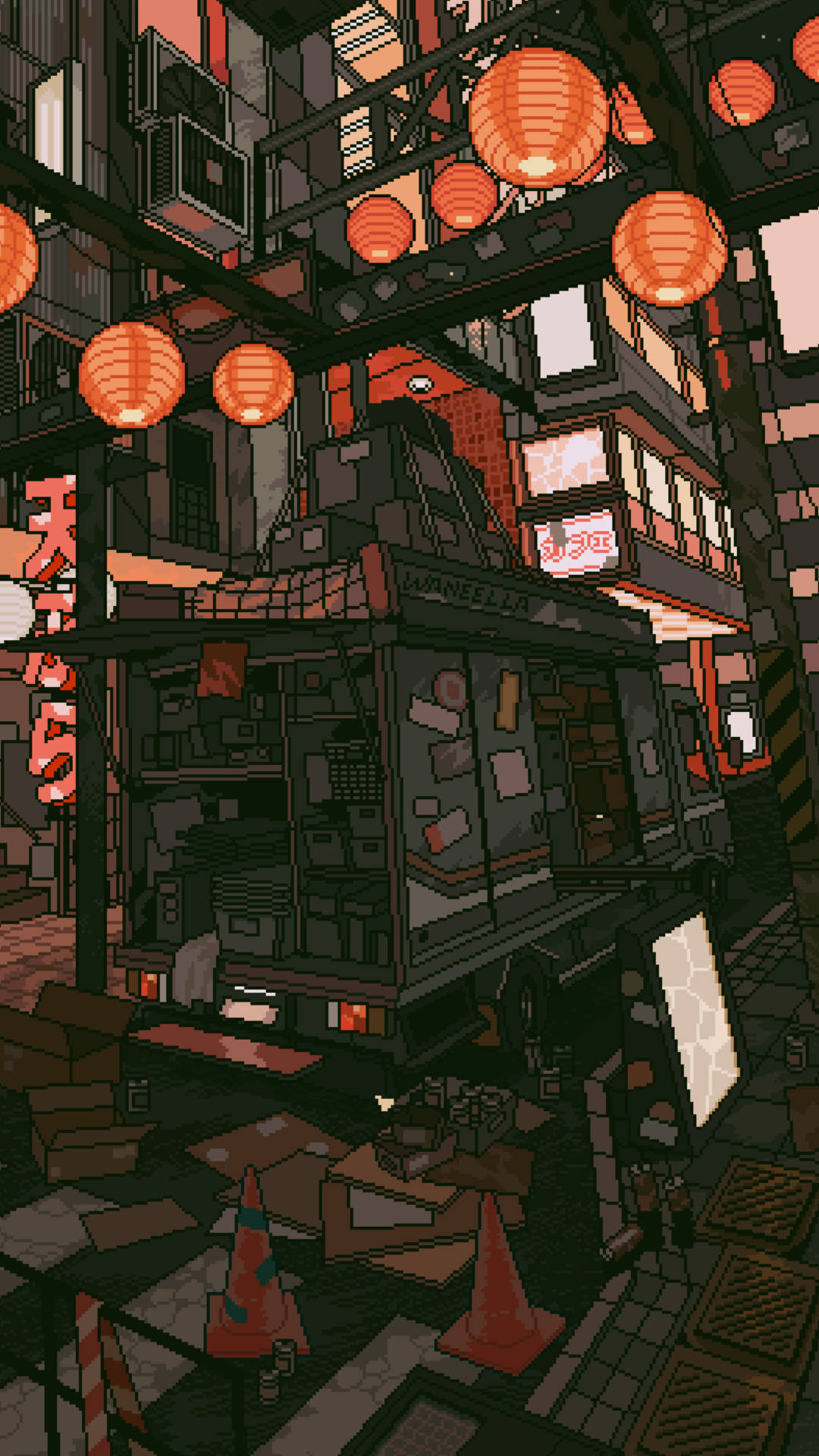 像素化的夜晚街道，有發光的燈籠和雜亂的食品車。