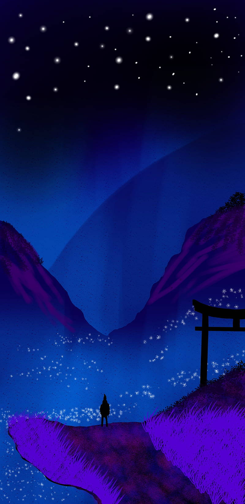 一個人在發光的鳥居下的剪影，背景是星空和紫色山脈。