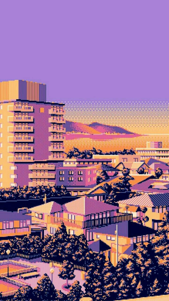 像素城市，紫色天空，橙色建築物被樹木環繞。