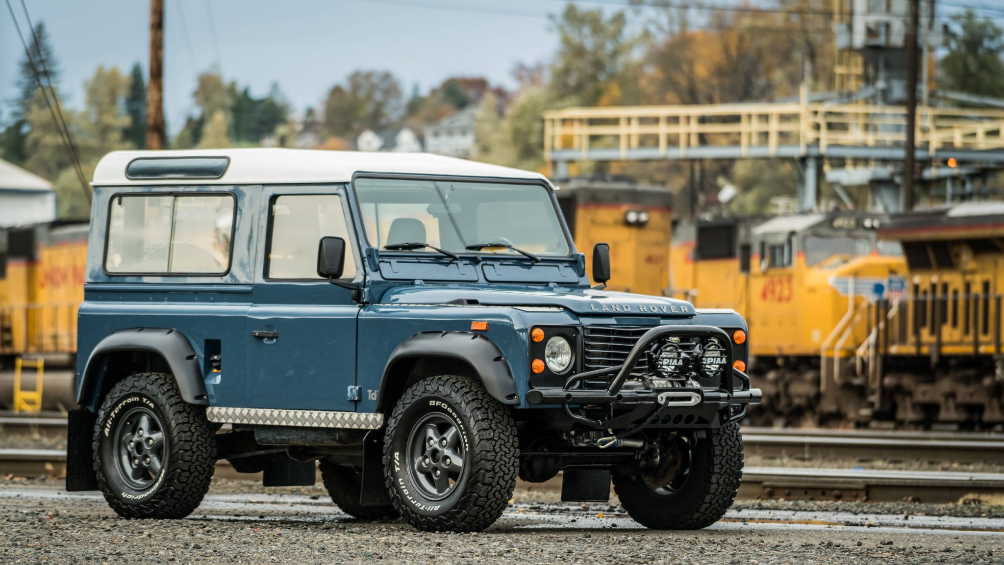 iPhone主題設計：1990年藍色路虎Defender 90 壁紙 — 經典藍色 Land Rover Defender 堅固地停在鐵軌旁的碎石上，背景有黃色火車頭。