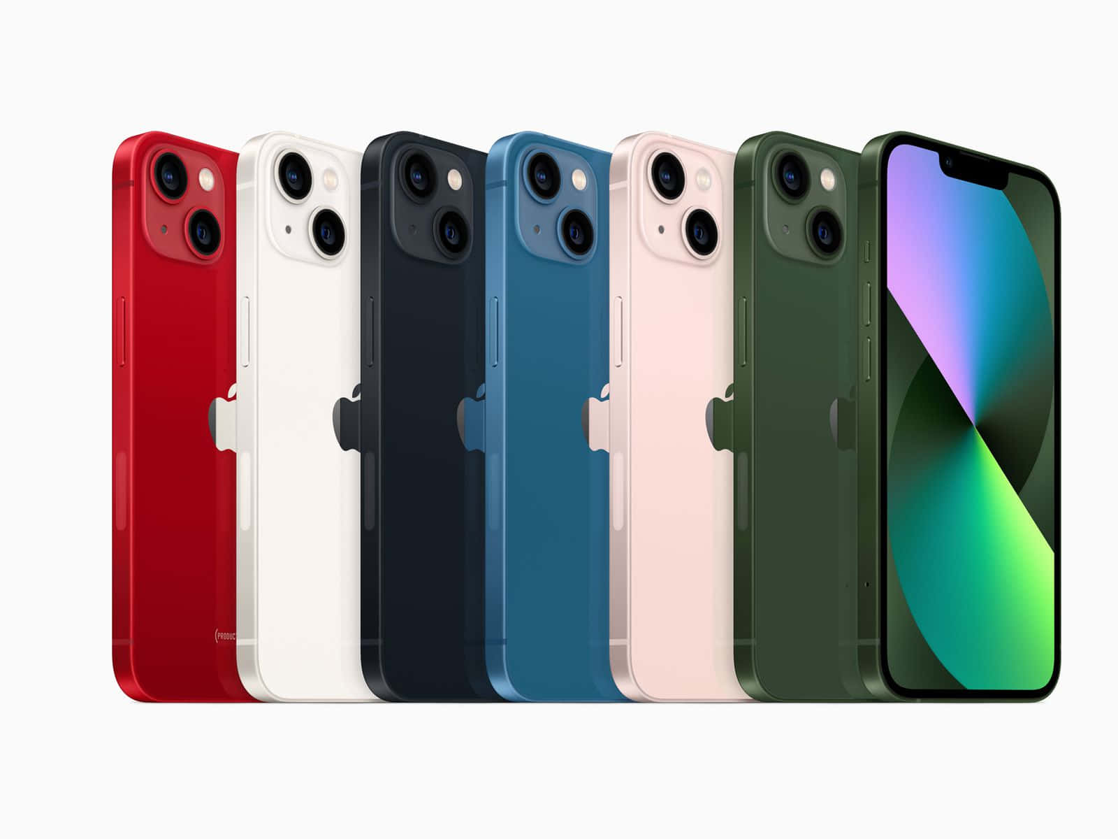 iPhone多色畫面 壁紙 — 六款色彩繽紛的iPhone 13型號排列展示，顯示後置相機和一個帶漸變顯示屏的前屏幕。