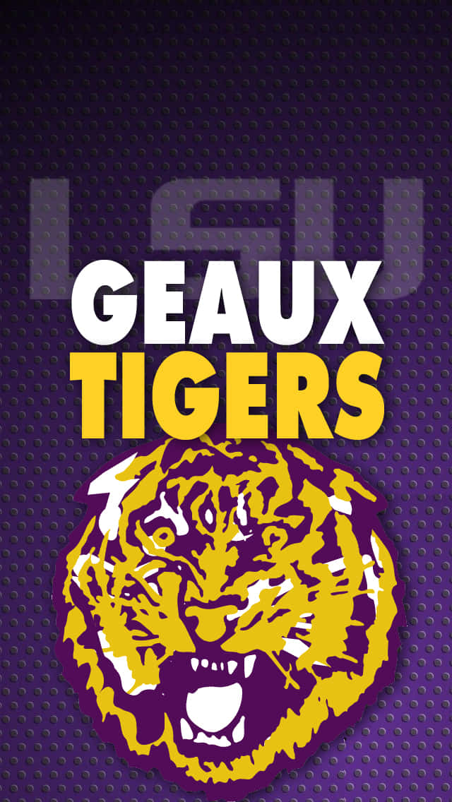 LSU Tigers標誌，在紋理背景上有紫色和金色的咆哮虎頭。