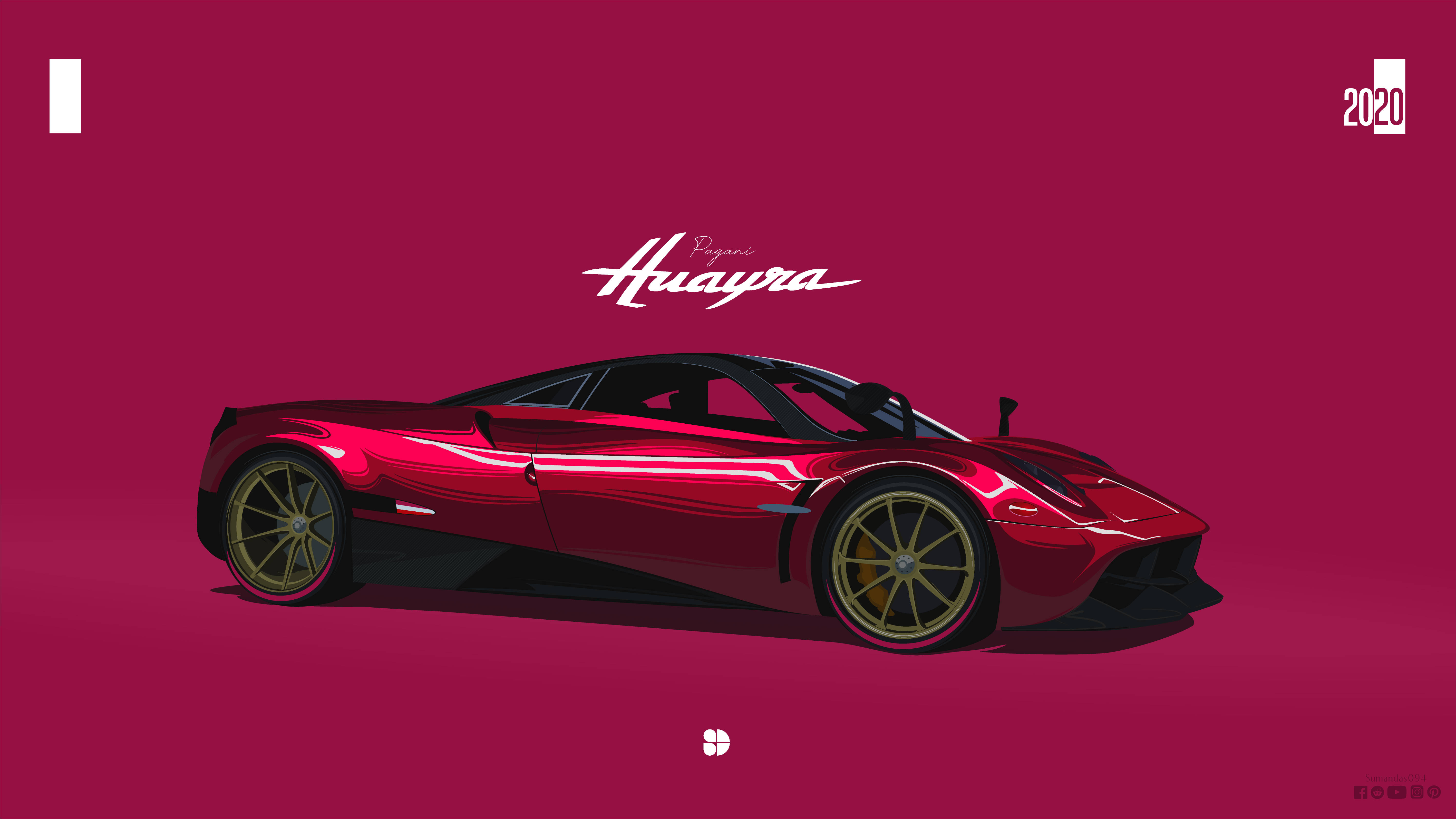 iPhone拍攝的帕加尼Huayra超跑 壁紙 — 一輛時尚的紅色Pagani Huayra跑車配金色輪圈，在純洋紅色背景上滑行，帶有白色文字和2020年份。