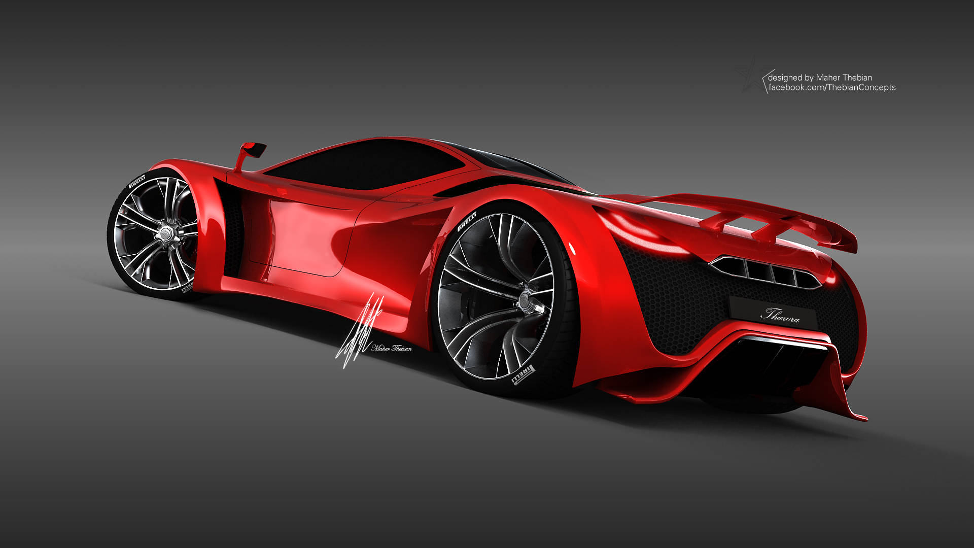 iPhone拍攝的紅色帕加尼車側面 壁紙 — 一輛時尚的紅色未來主義跑車，帶有黑色飾邊和空氣動力學設計，在工作室燈光下展示。