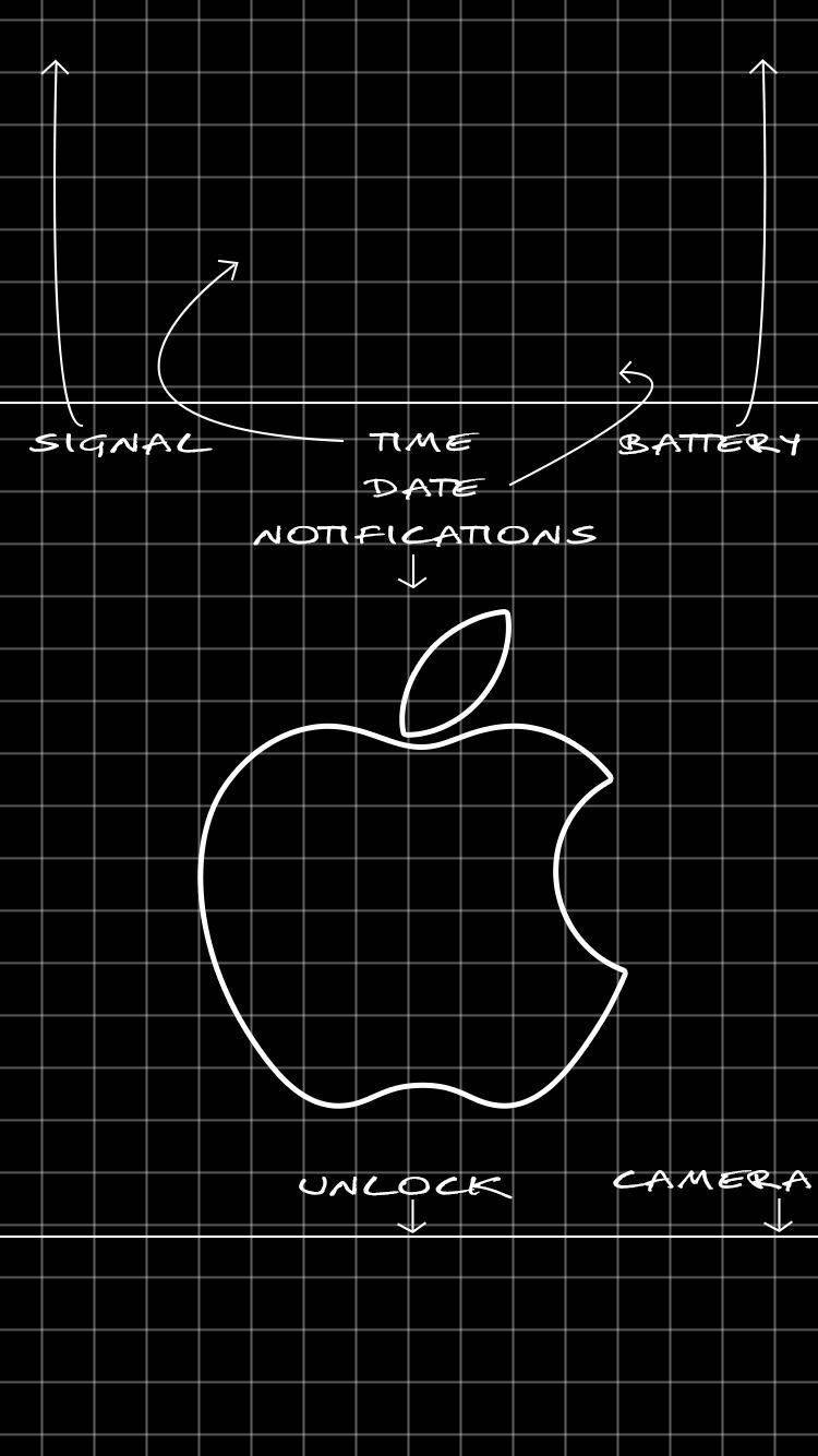 iPhone標誌酷炫鎖屏 壁紙 — 黑色方格紙上以白色線條繪製的Apple標誌，附有手寫UI標籤，如訊號、時間、電池、通知、解鎖、相機。