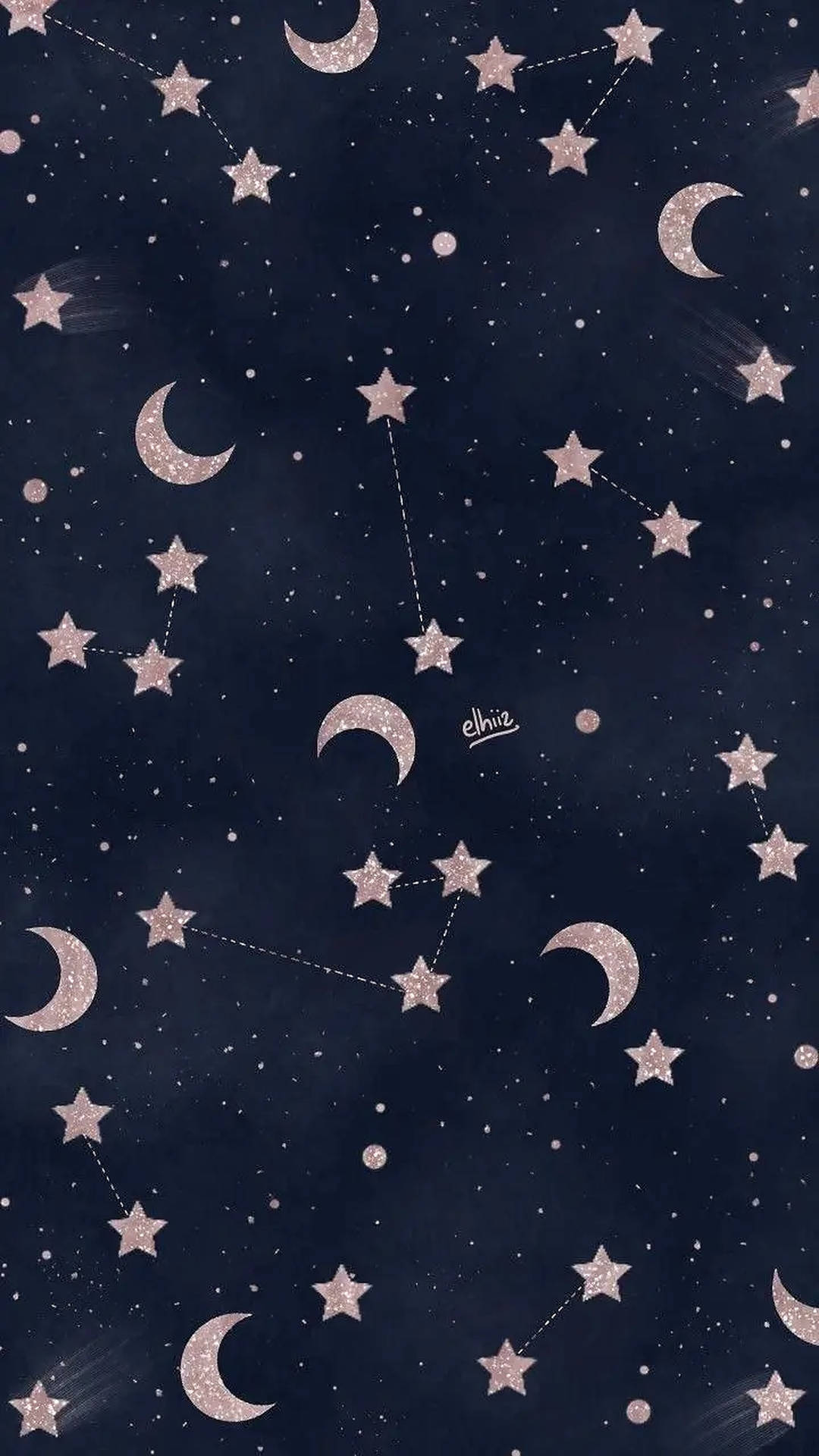 閃閃發光的粉紅色星星和彎月在深藍色夜空中形成星座。