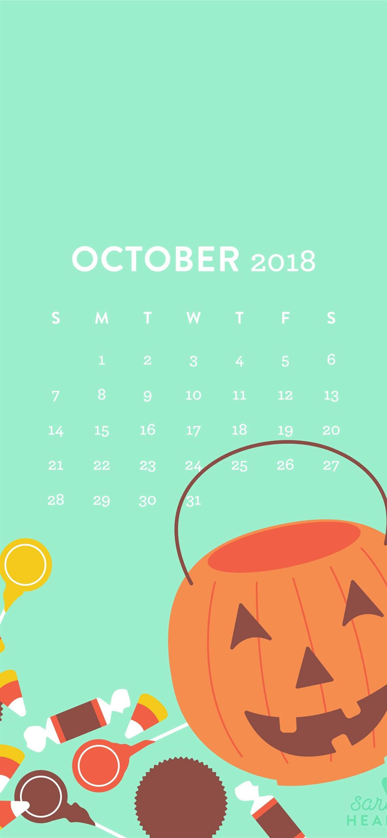 iPhone萬聖節背景：十月日曆 壁紙 — 一個愉快的2018年10月日曆，帶有微笑的南瓜燈和糖果玉米，背景是薄荷綠色。