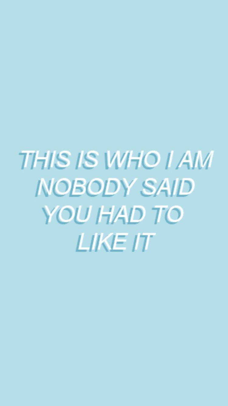 藍色背景上的文字引用，內容為「This is who I am nobody said you had to like it」。
