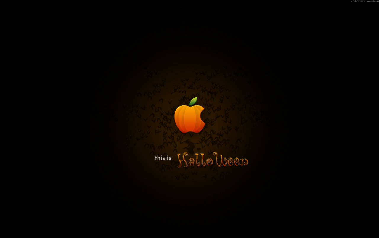 萬聖節主題Apple標誌，深色背景上有南瓜和蝙蝠。