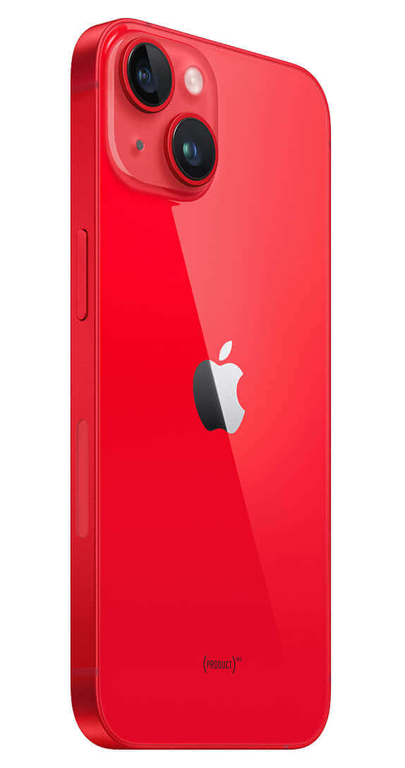 iPhone螢幕的絢麗色彩 壁紙 — 從背面展示的亮紅色 iPhone 13 mini，配備雙相機系統和 Apple 標誌。