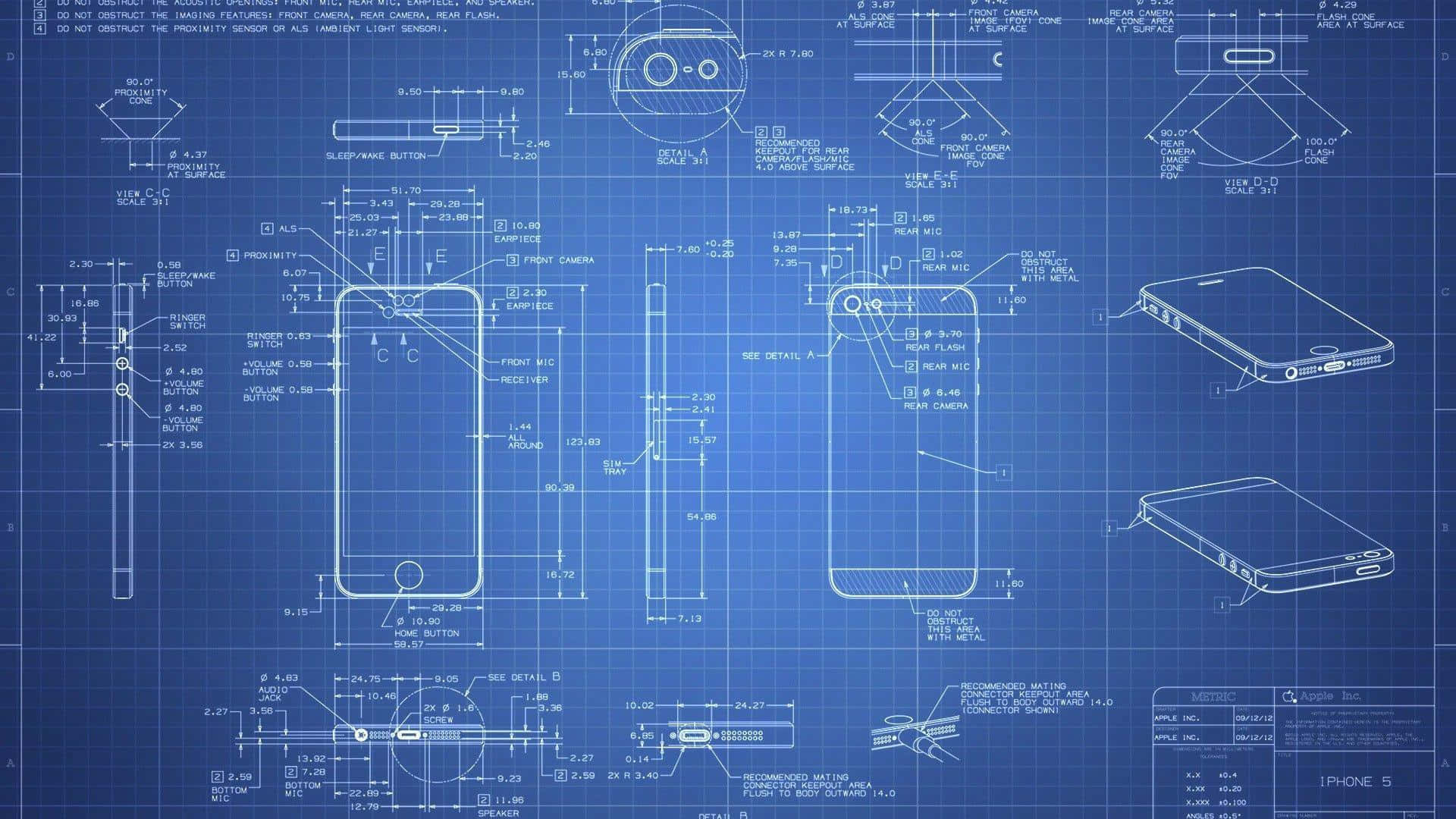 iPhone設計藍圖背景 壁紙 — iPhone 5 的藍圖風格技術圖紙，在藍色方格紙上繪有詳細的工程示意圖。