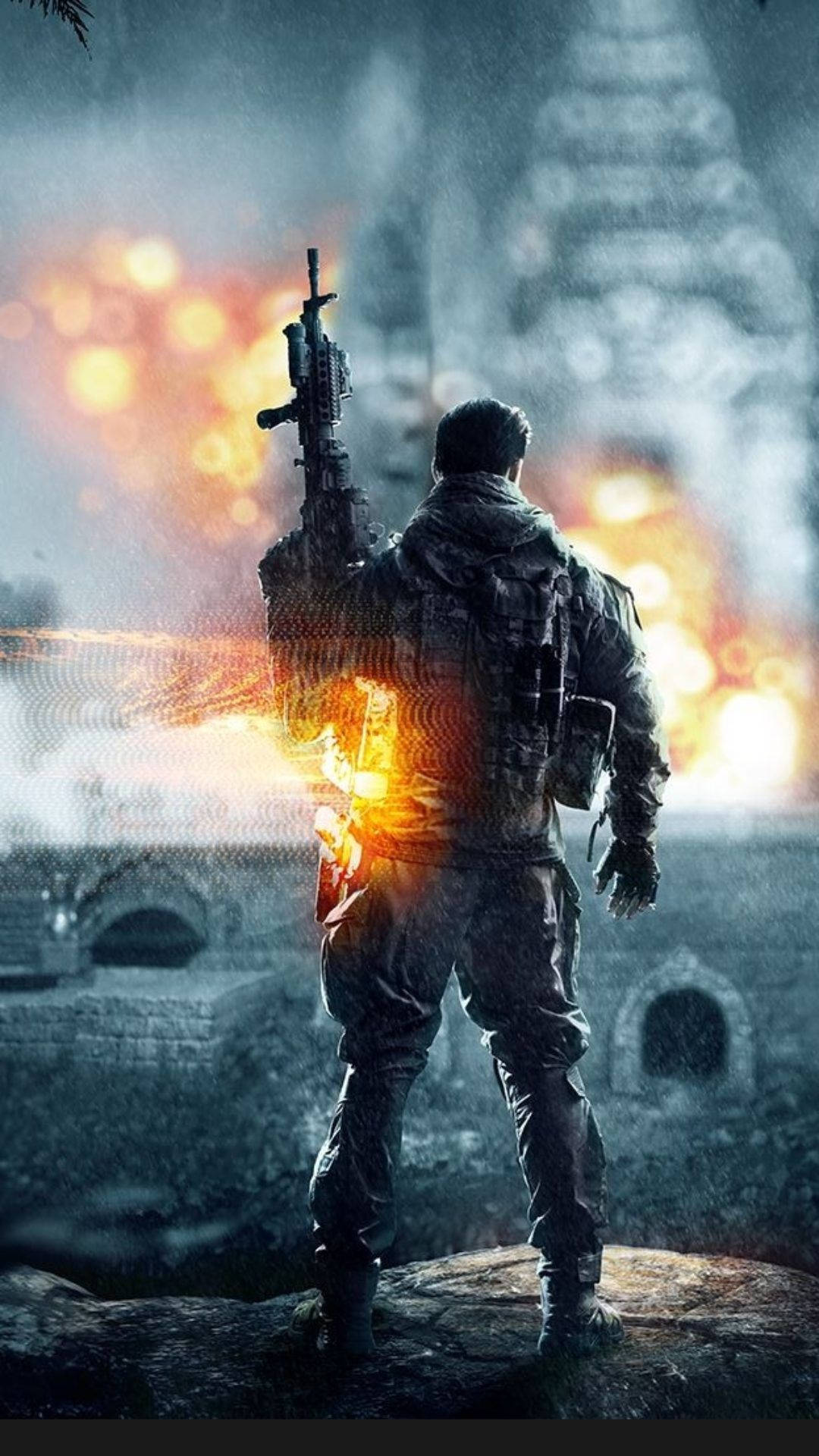 身穿戰鬥裝備的士兵在熾熱爆炸中，於被摧毀的城市裡手持步槍。