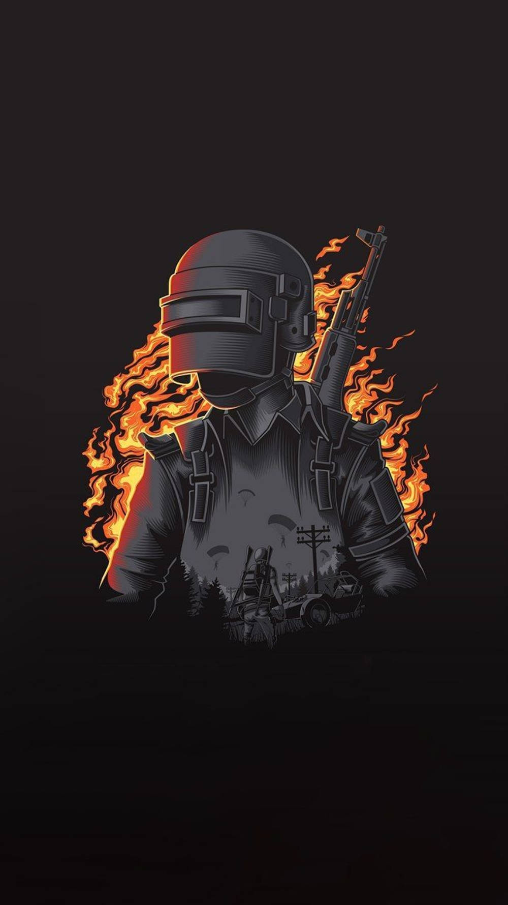 iPhone遊戲壁紙：烈焰中的PUBG角色 壁紙 — 一名戴著頭盔和戰術裝備的士兵站在深色背景前，被熾熱的橙色火焰吞沒。