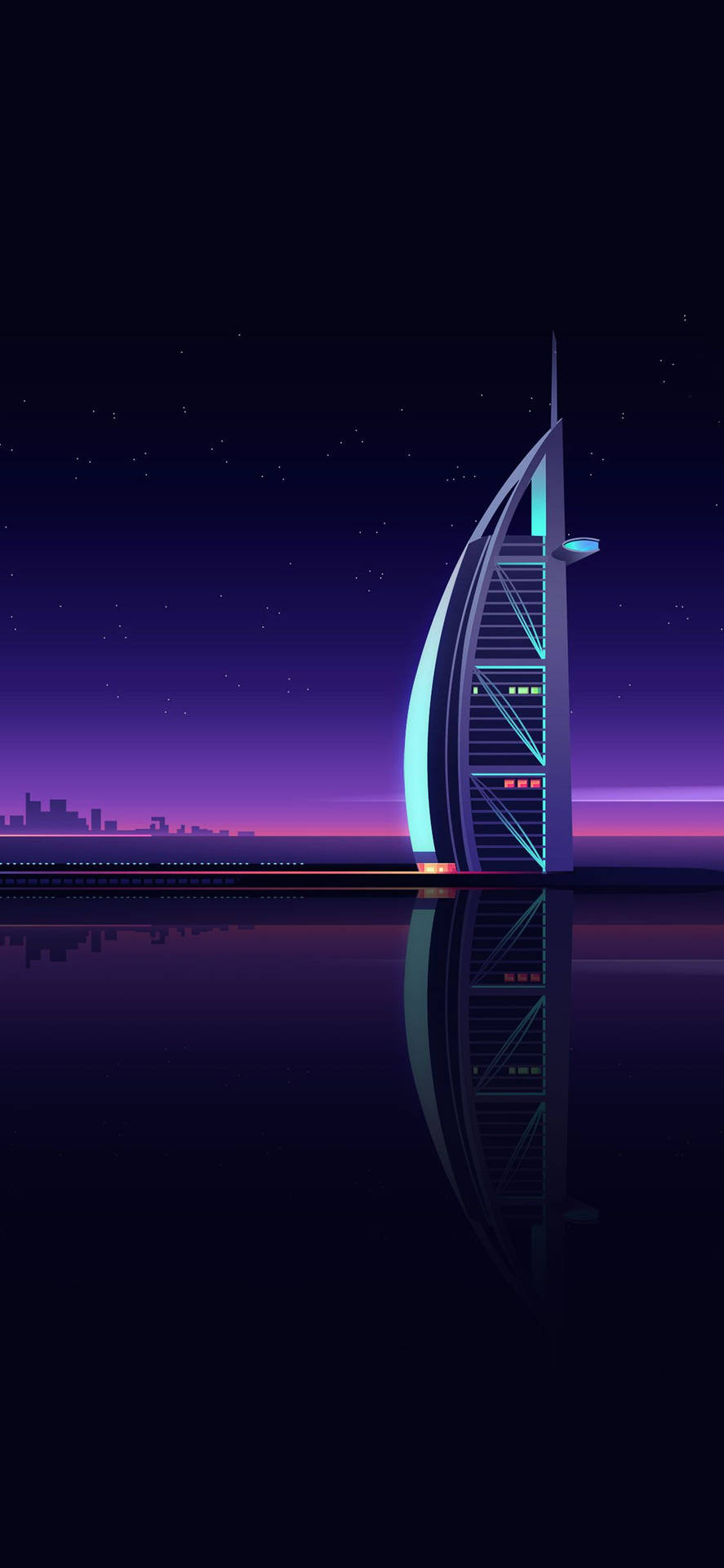 帆形摩天大樓在夜晚發光，在星空下的水面中倒映。