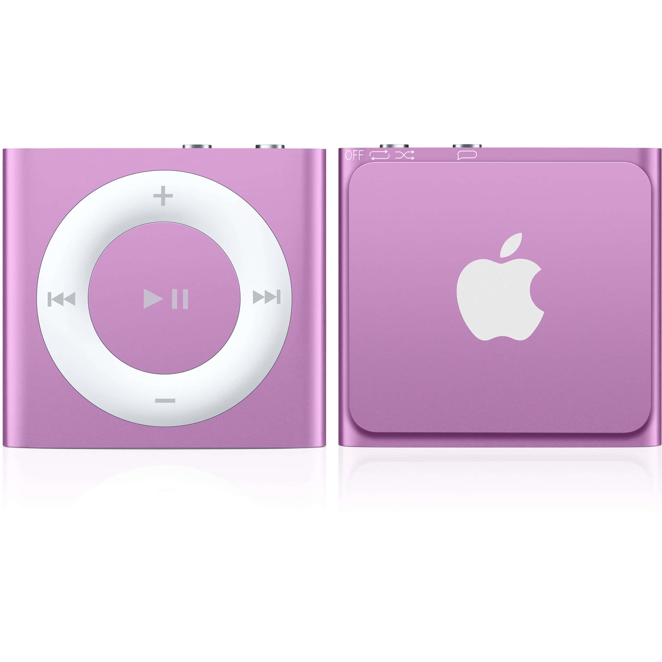 iPod Shuffle MP3圖片 壁紙 — 一個充滿活力的紫色 iPod shuffle，正面和背面展示在乾淨的白色背景上。