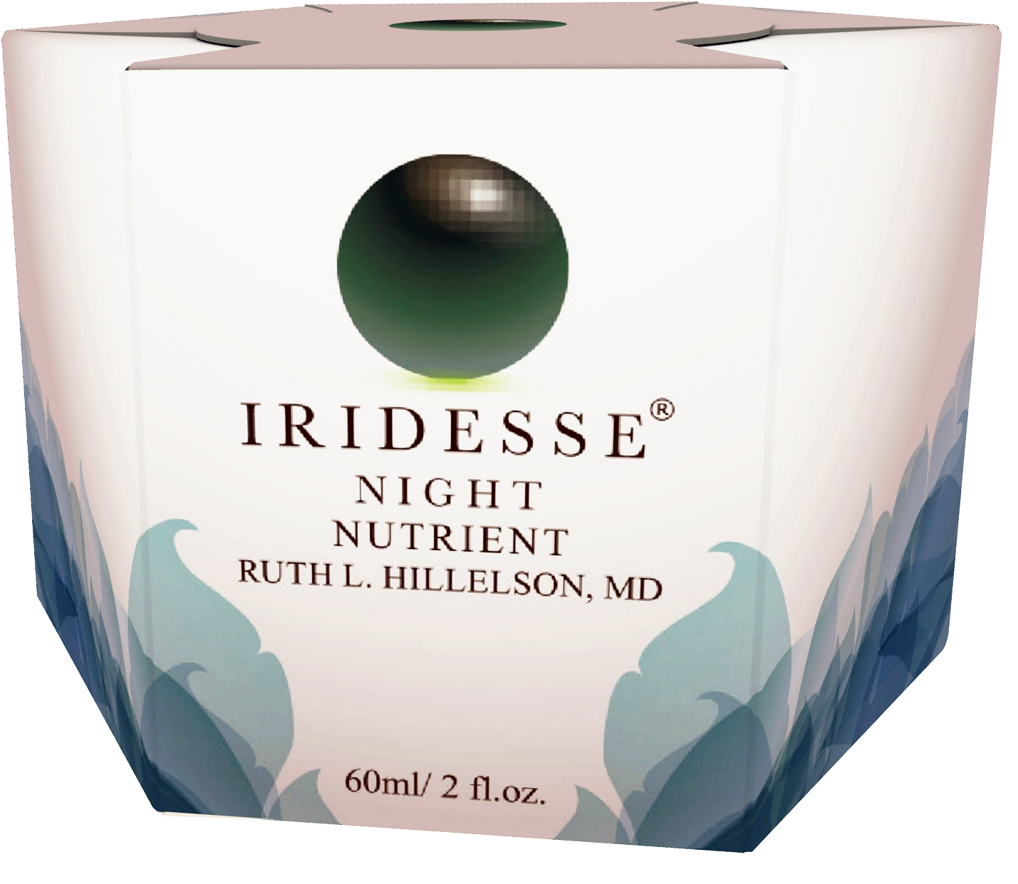 Iridesse 夜間營養護膚品包裝 壁紙 — 一個白色化妝品盒，用於Iridesse Night Nutrient，帶有綠色球體和藍色葉子圖案，背景為柔和粉紅色漸變。