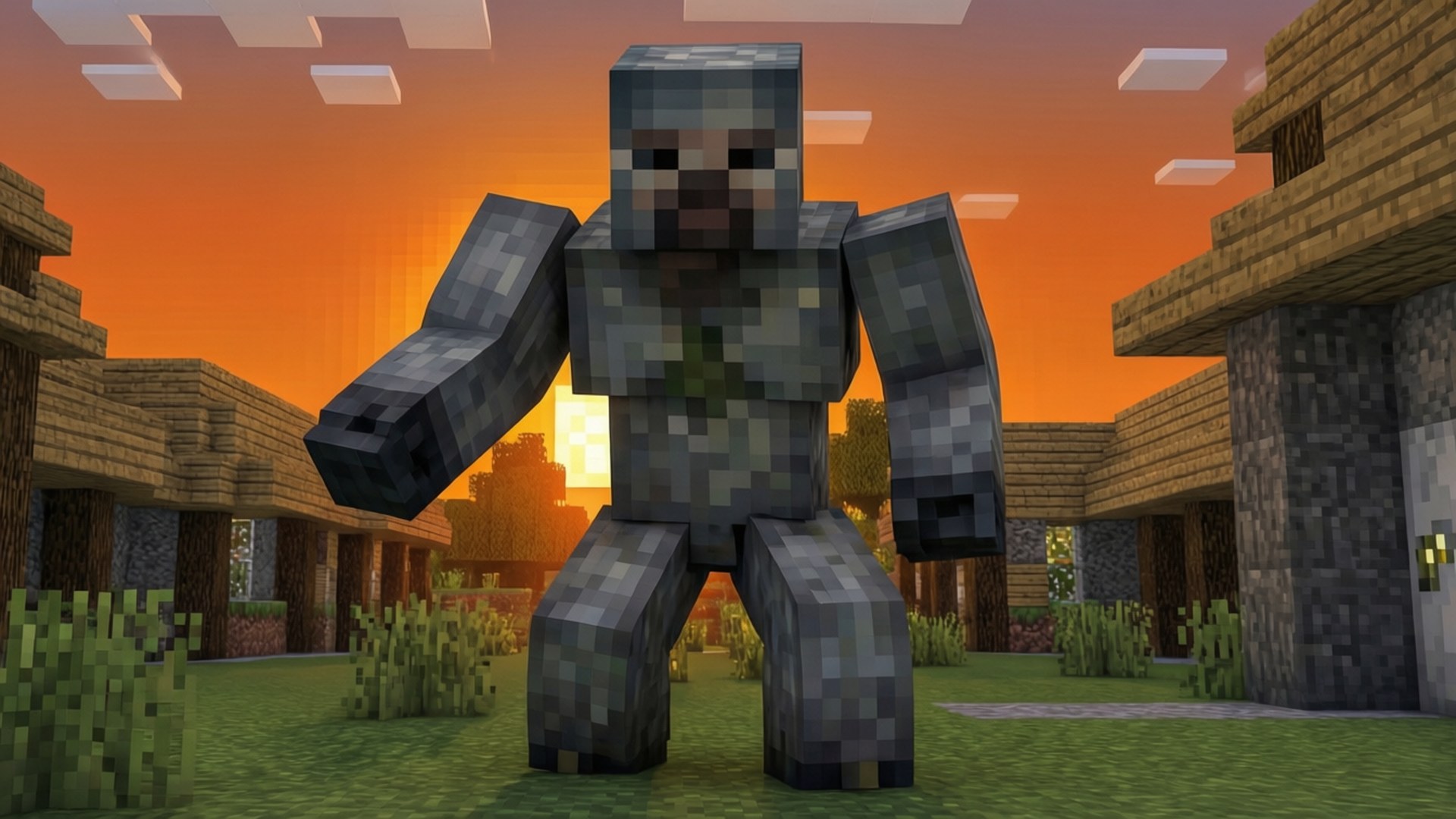 Minecraft村莊中的鐵魔像，夕陽西下，橙色天空，木屋。