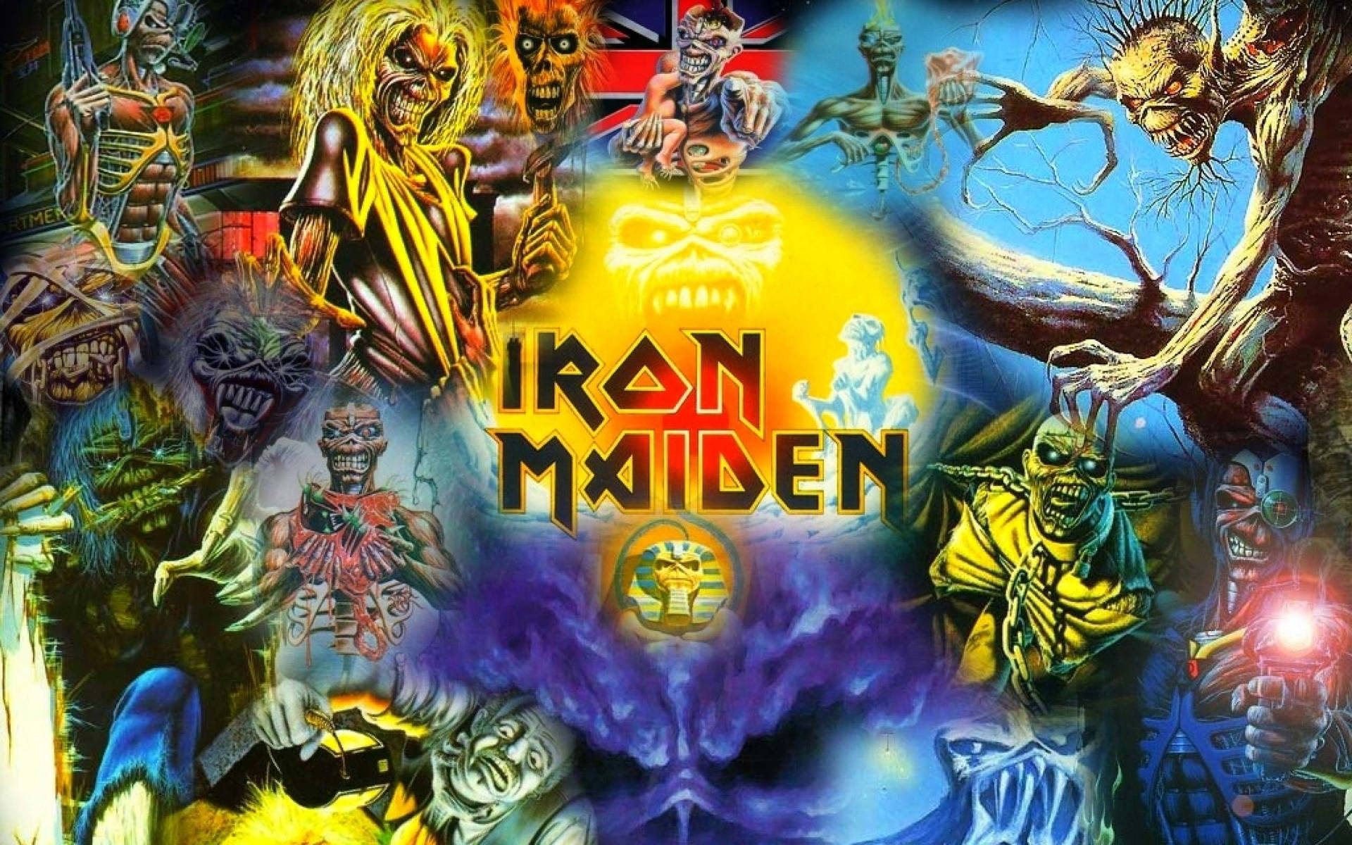 Iron Maiden 樂隊藝術作品， featuring 怪誕的幻想角色和怪物。