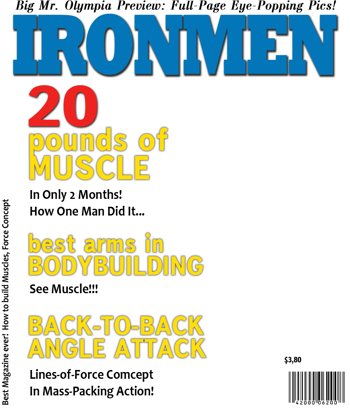 《Iron Man》雜誌肌肉增長宣傳封面 壁紙 — 大膽的雜誌封面，黑色背景上帶有藍色、紅色和黃色文字，推廣肌肉鍛煉和健美運動。