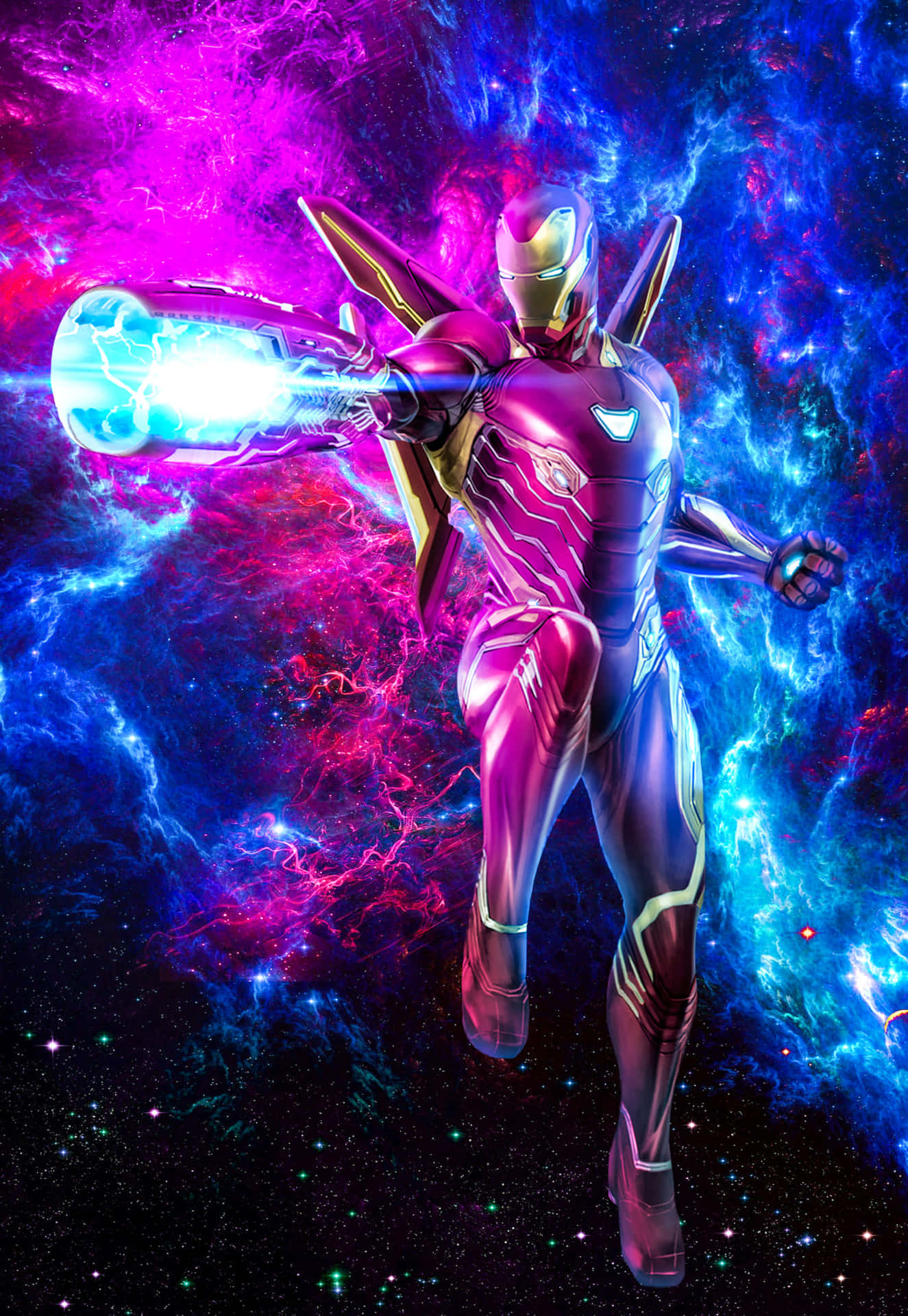  壁紙 — 鐵甲奇俠在宇宙星雲中翱翔，向旋轉的紫色和藍色星域發射發光的斥力炮。