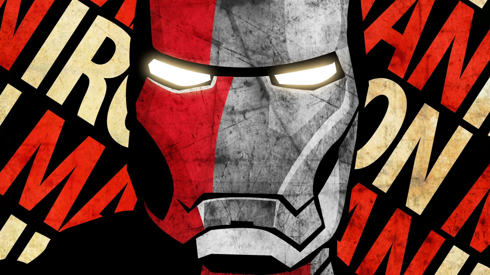 鐵甲奇俠的頭盔，帶有發光的眼睛，被鮮明的紅色和金色文字環繞。