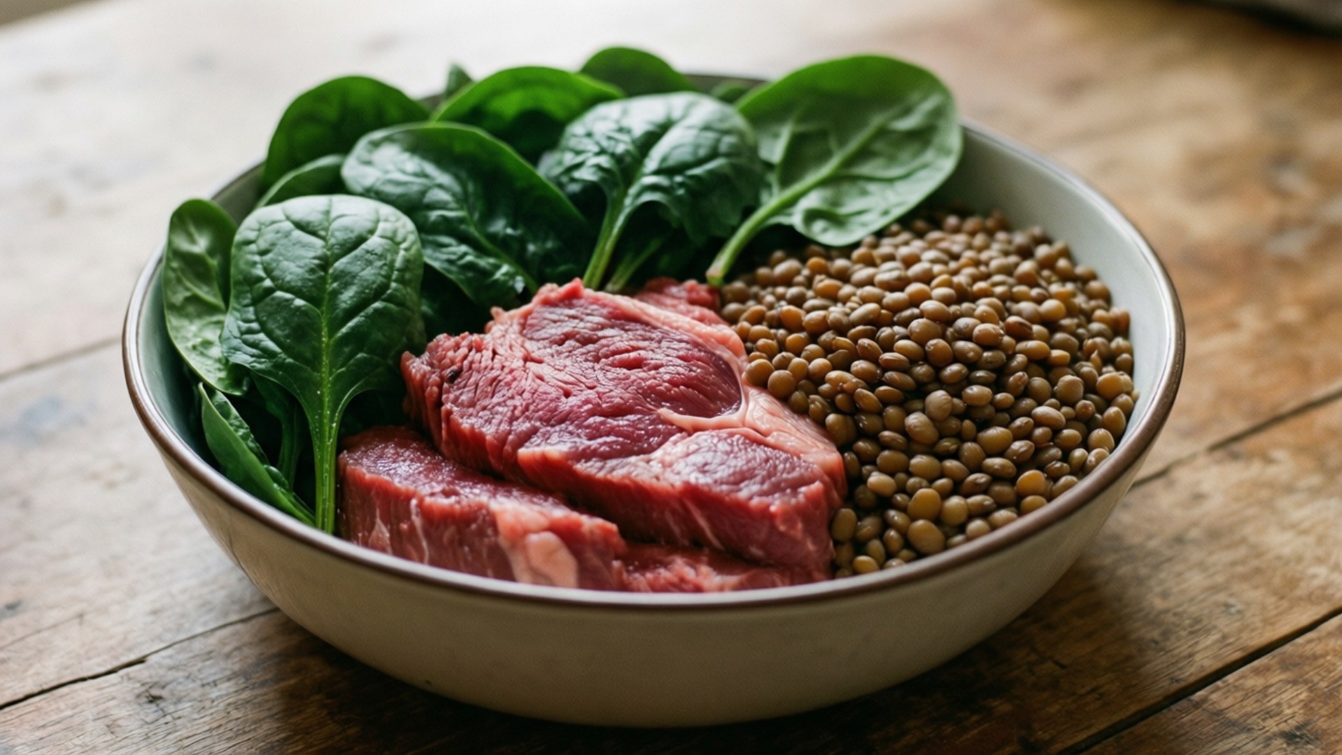 木質表面上的菠菜、牛肉和扁豆碗