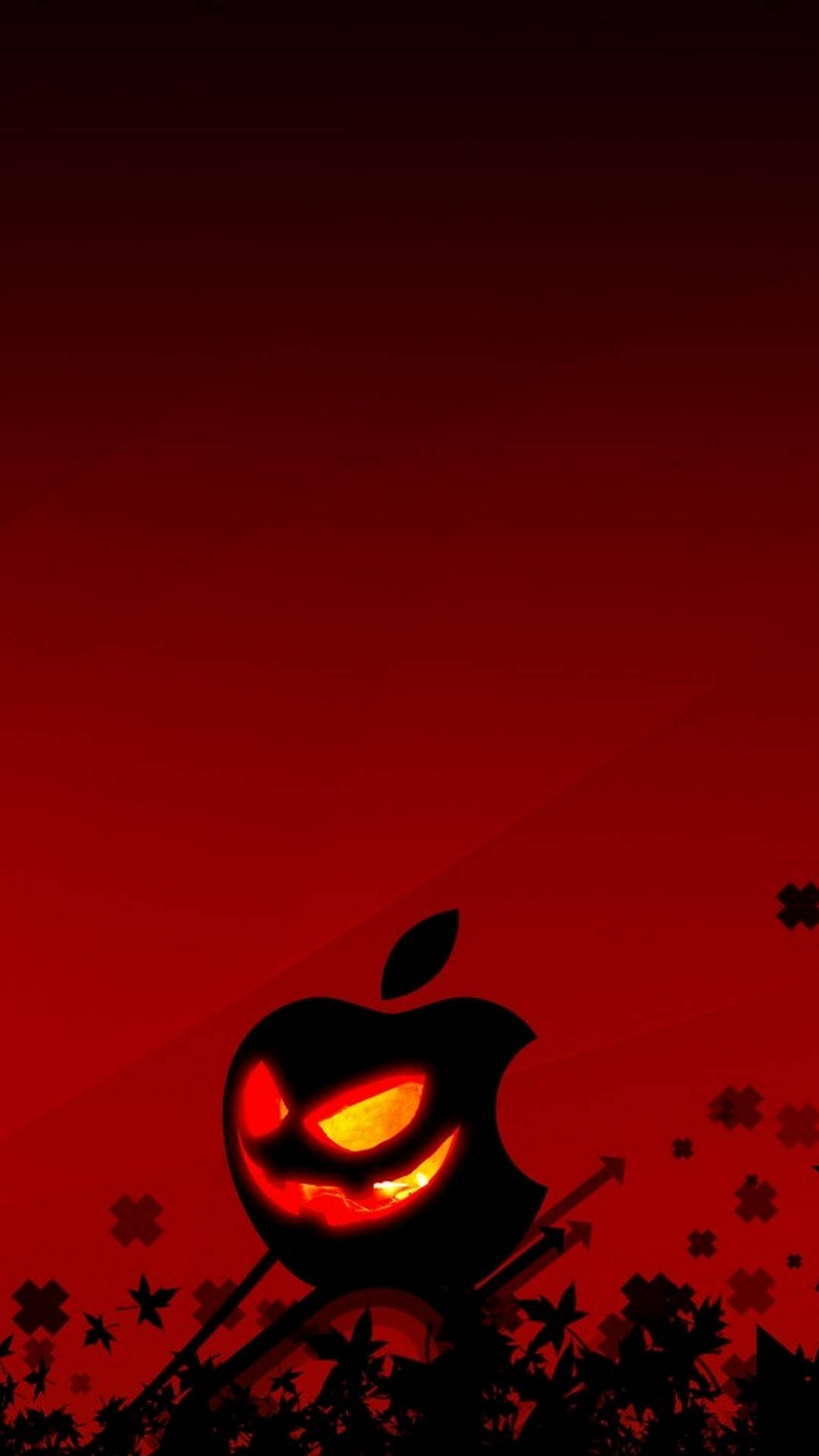 發光的南瓜燈Apple標誌，帶有火熱的眼睛，置於帶有黑色樹葉的紅色背景上。