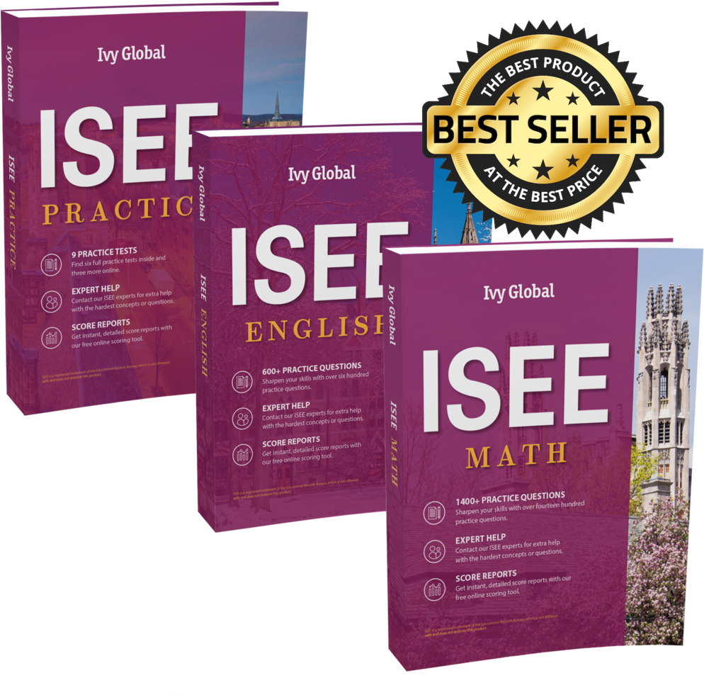 ISEE練習書暢銷標章 壁紙 — 三本紫色的 Ivy Global ISEE 預備書籍，涵蓋數學、英語和練習測試，並帶有金色暢銷書印章。