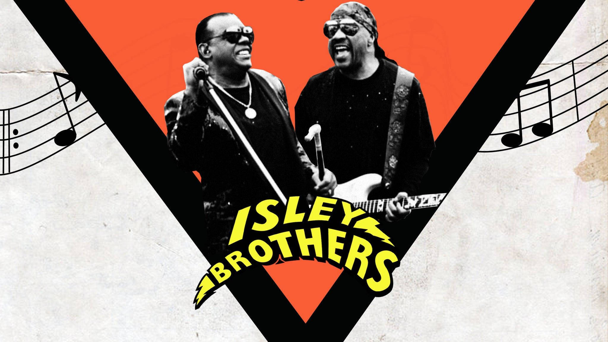 Isley Brothers 60週年巡迴演唱會海報 壁紙 — 兩位戴著太陽眼鏡的微笑音樂家，在帶有音符的醒目橙色和黑色幾何背景前，用麥克風和結他表演。