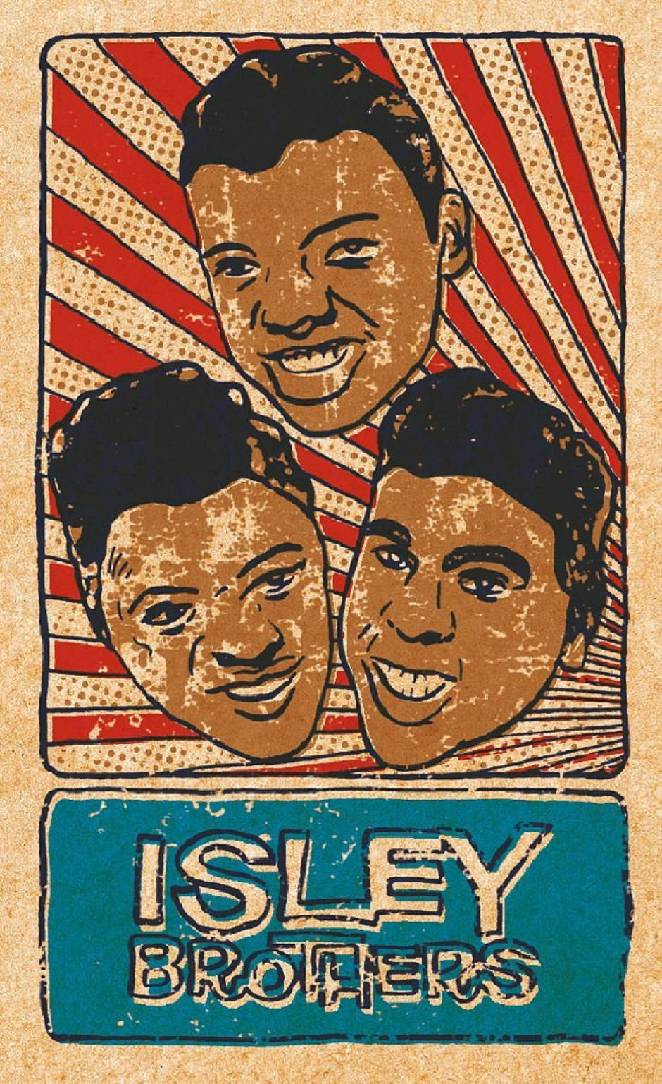 Isley Brothers 海報插畫 壁紙 — 復古海報藝術，描繪 Isley Brothers 三個微笑面孔，背景為紅白條紋及半色調圓點。