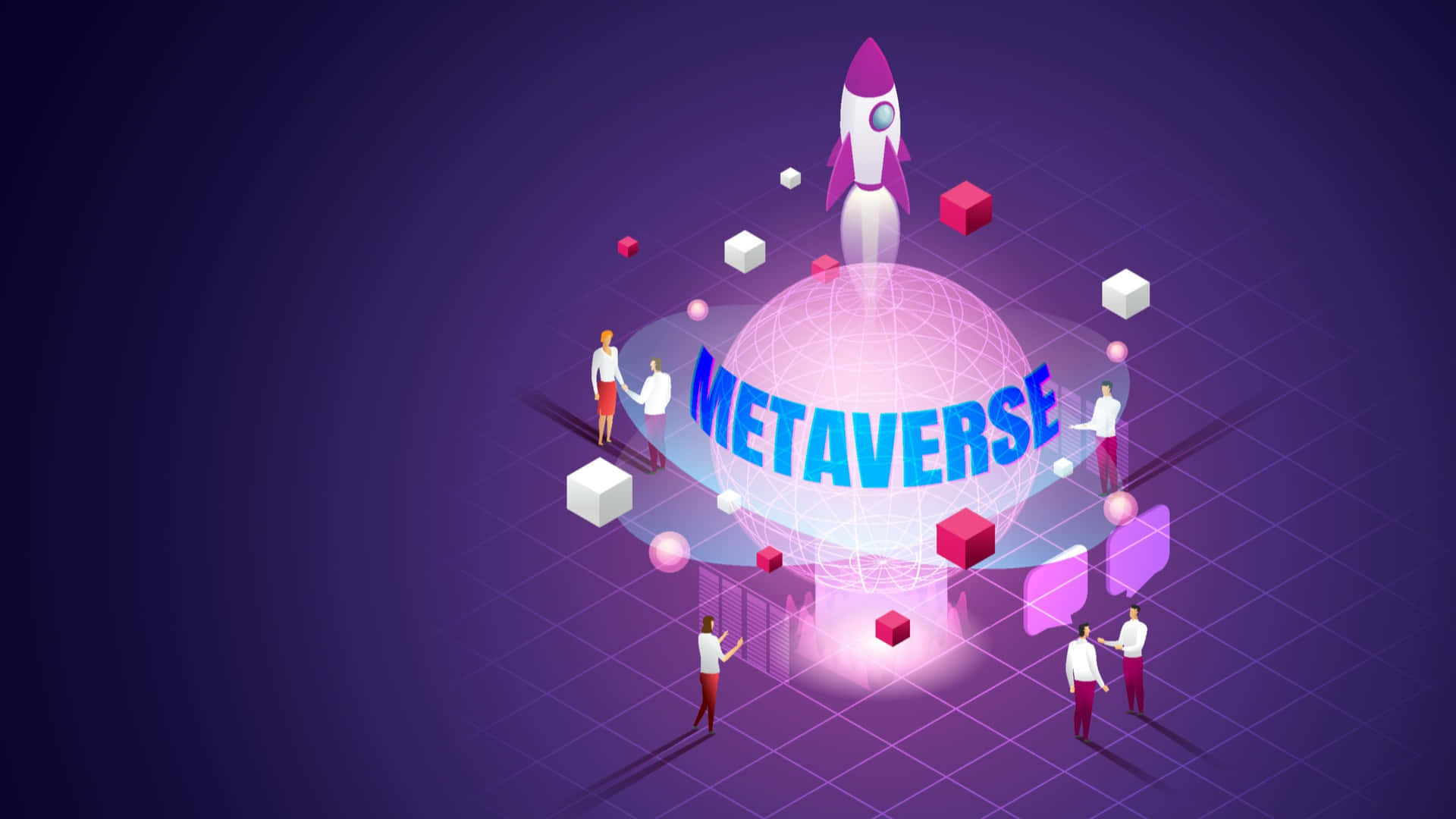  壁紙 — 等距插圖，描繪人們與標有「metaverse」的發光地球儀互動，同時一枚火箭向上發射。