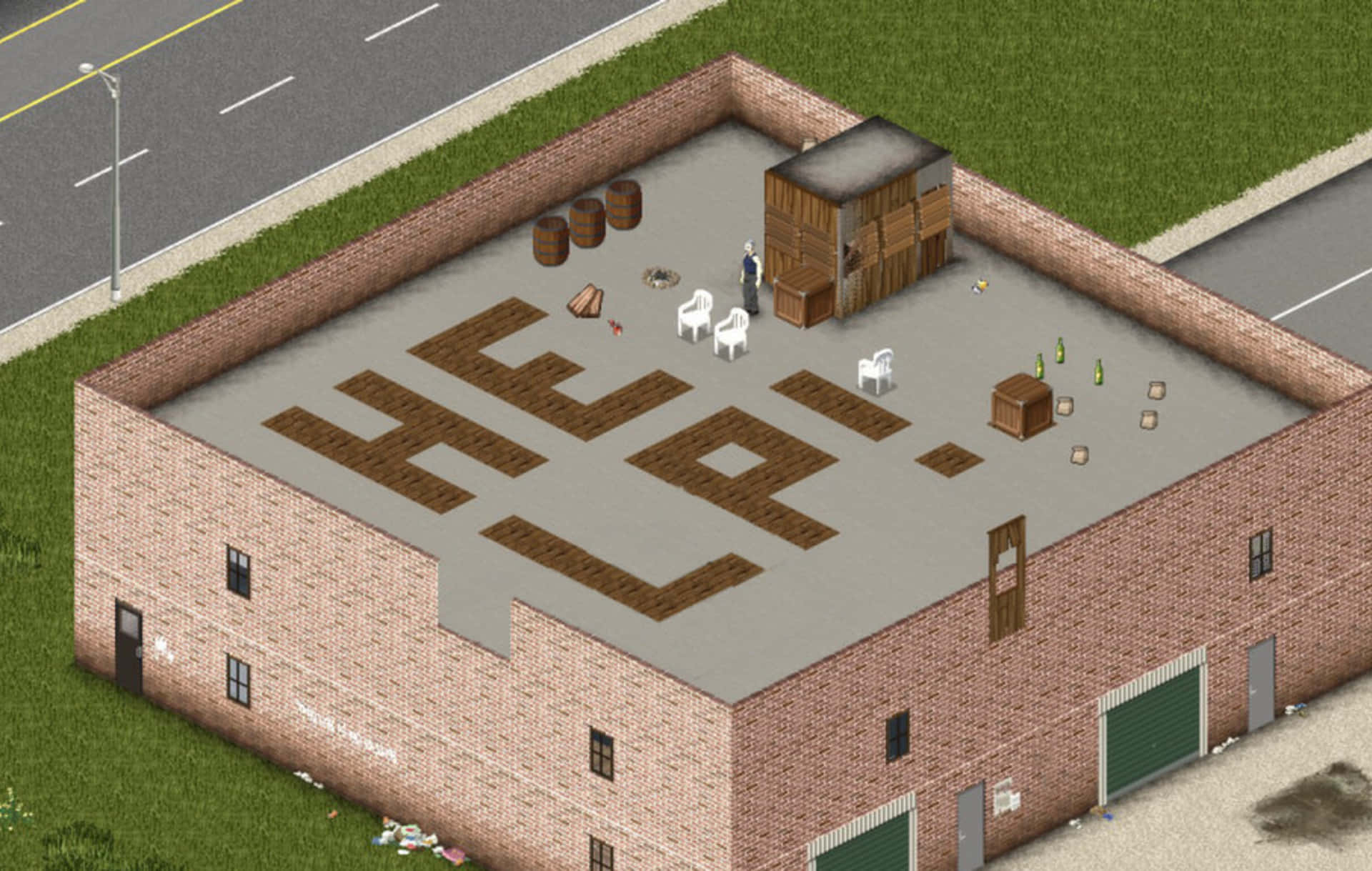  壁紙 — 磚砌建築屋頂的等距視圖，有由磚塊製成的大型HELP字母和散落的碎片。