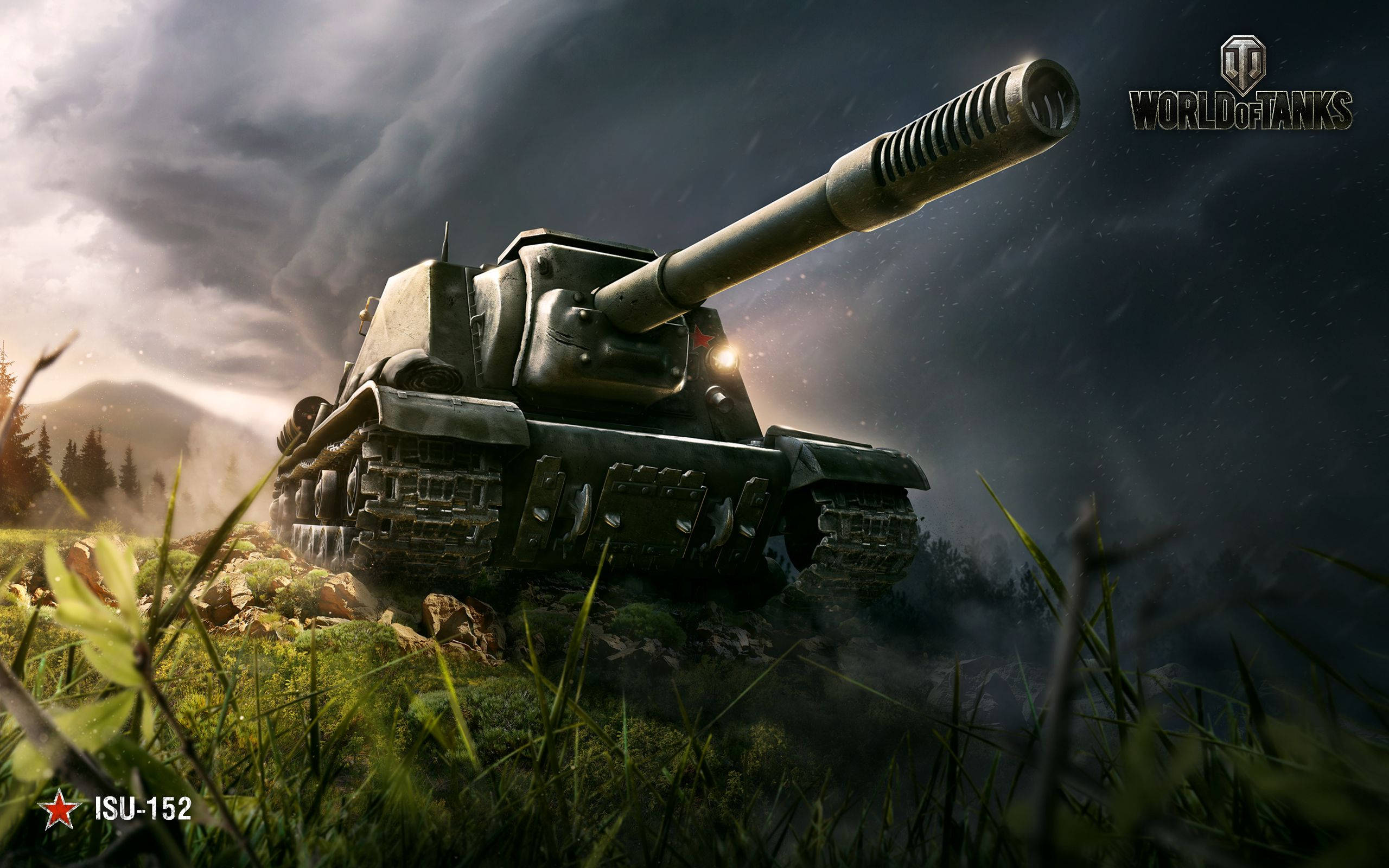 坦克世界 ISU-52 壁紙 — 一輛巨大的ISU-152重型自走炮在暴風雨的天空下從草叢中出現，帶有戲劇性的背光。