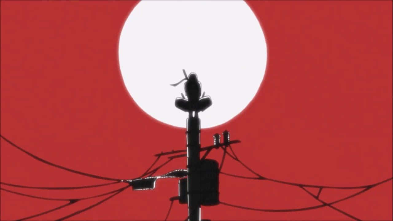 電線杆剪影，帶有電線同雀仔，襯住一個紅色天空同大型白色太陽。