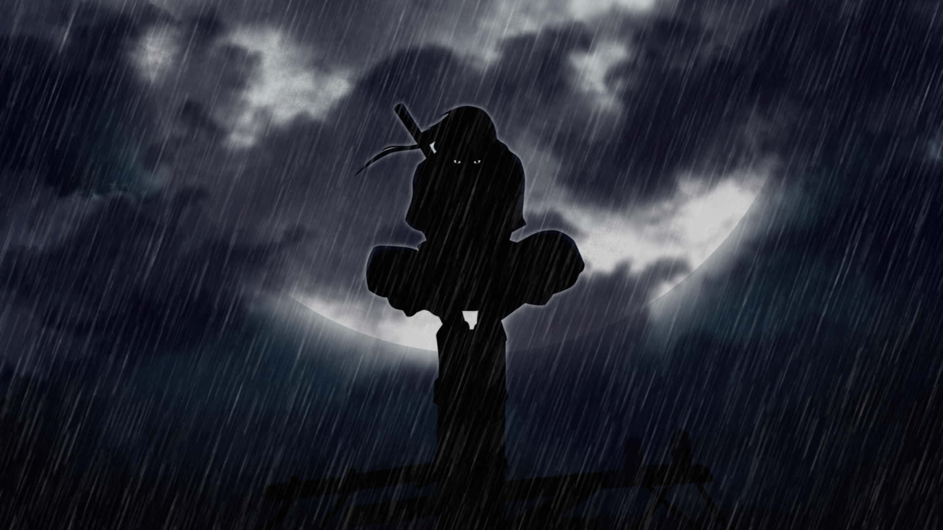 一個忍者戰士在新月下，雨中站立，眼睛發光。